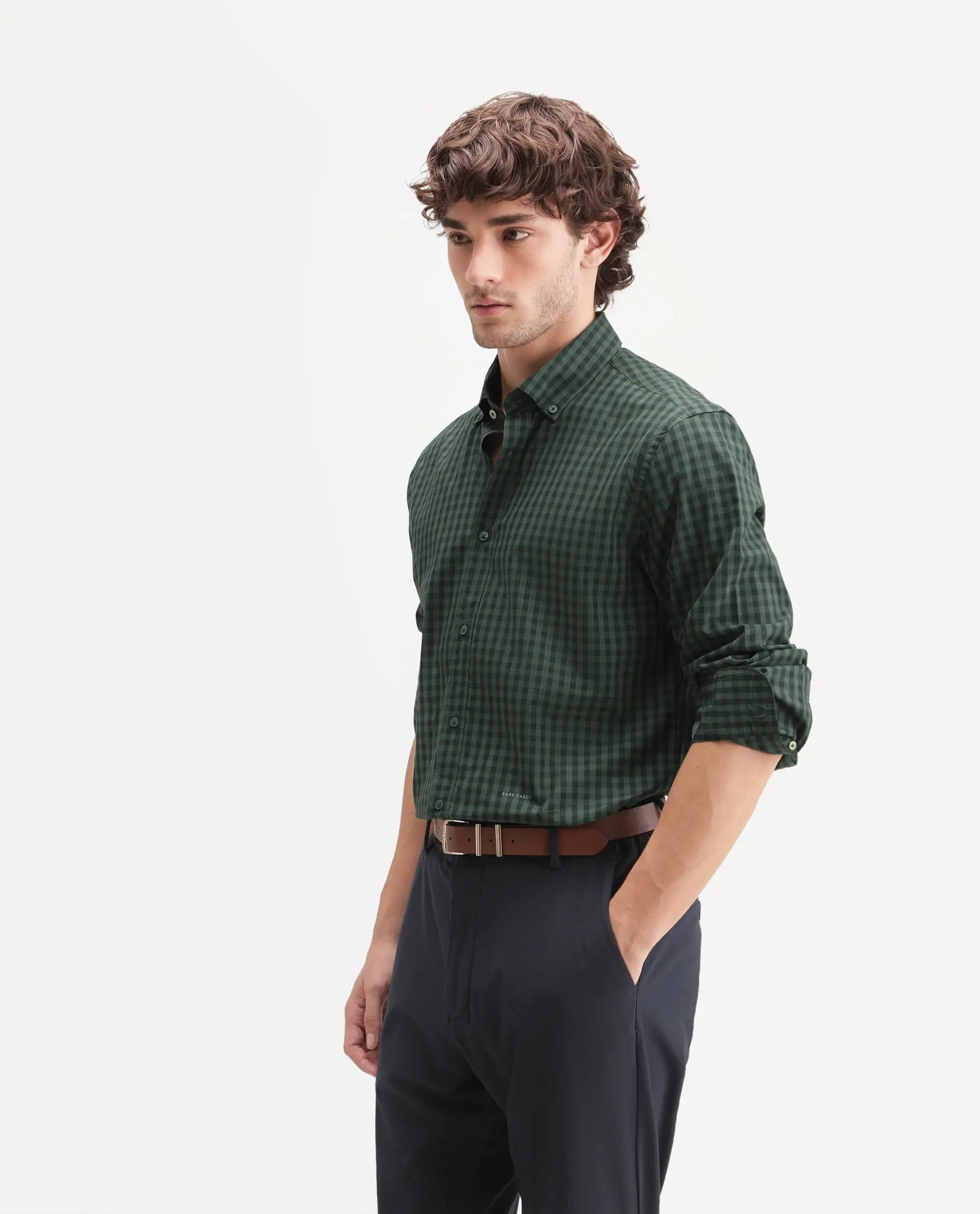 Rare Rabbit Men's Drak Dark Green Cotton Blend Spread Collar Button Regular Checked Shirt