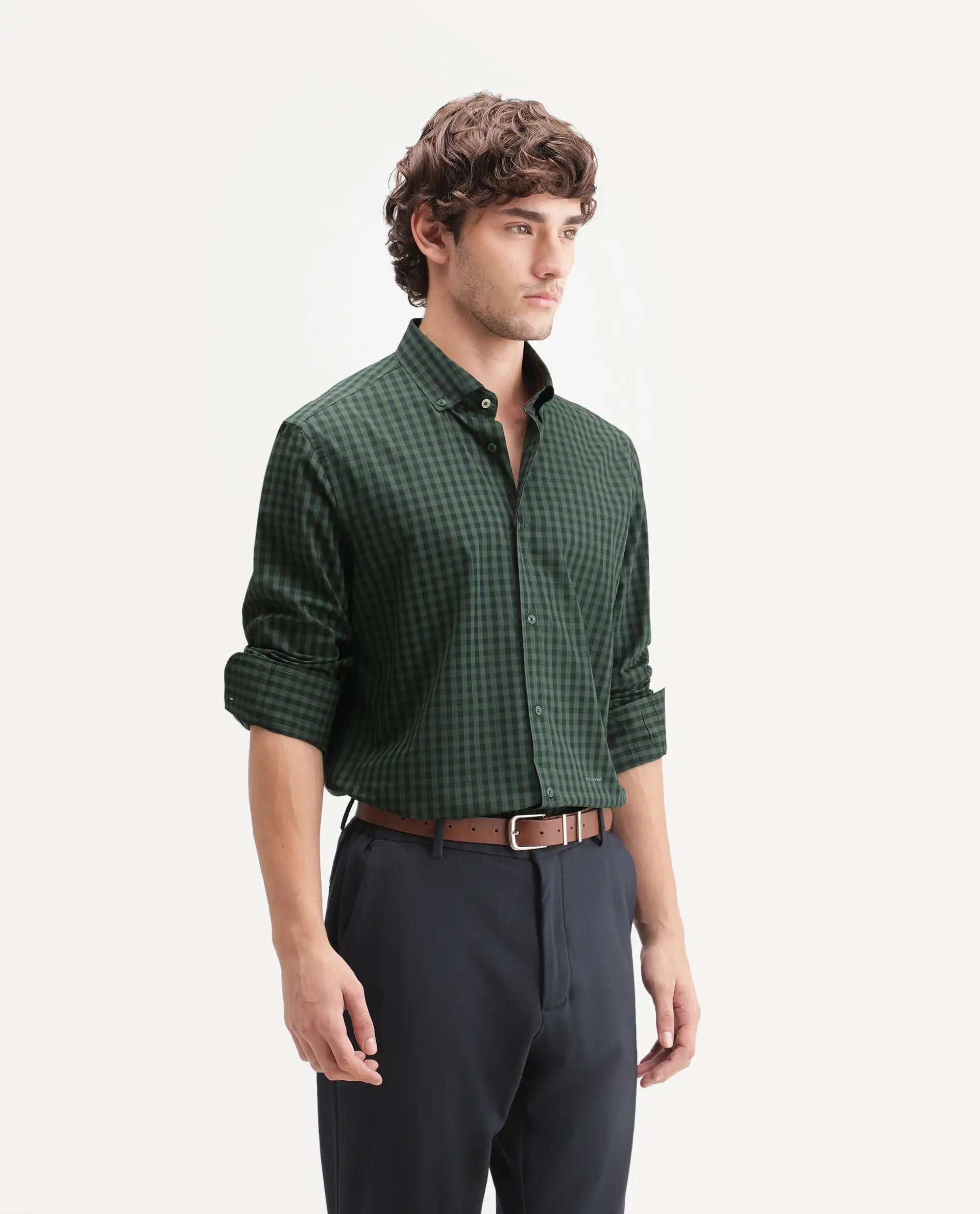 Rare Rabbit Men's Drak Dark Green Cotton Blend Spread Collar Button Regular Checked Shirt