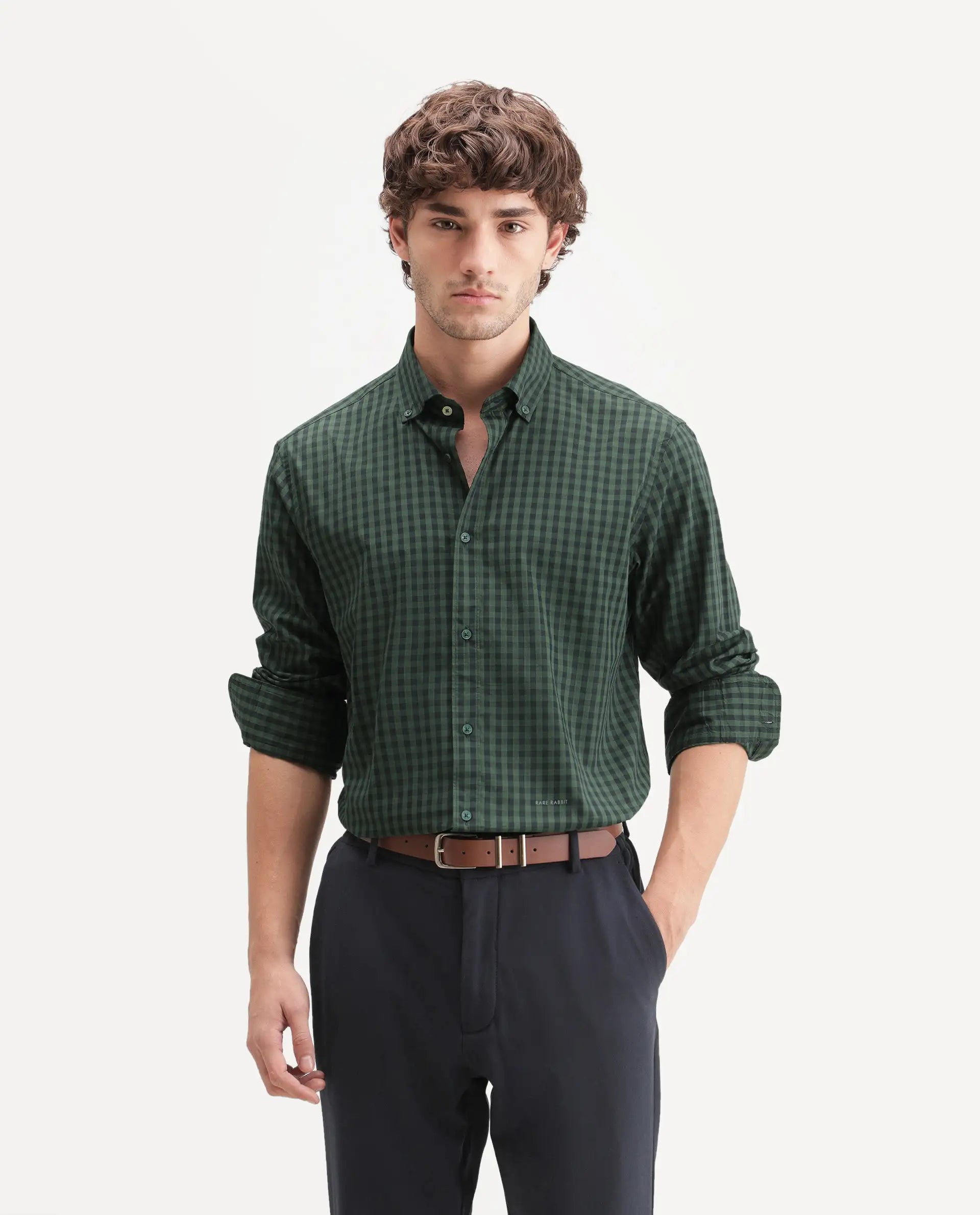 Rare Rabbit Men's Drak Dark Green Cotton Blend Spread Collar Button Regular Checked Shirt