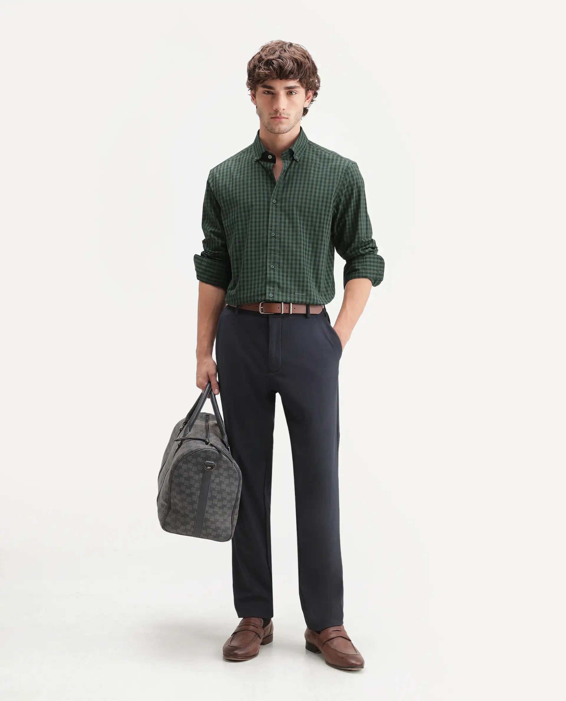 Rare Rabbit Men's Drak Dark Green Cotton Blend Spread Collar Button Regular Checked Shirt
