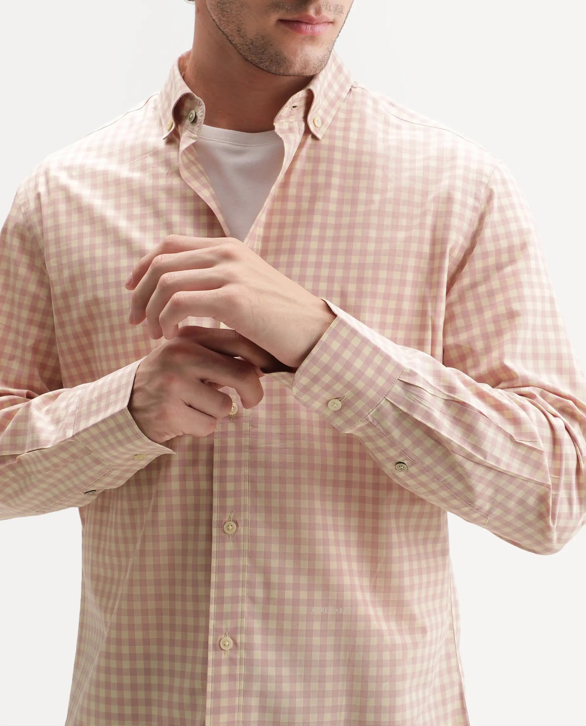Rare Rabbit Men's Drak Dark Pink Cotton Blend Spread Collar Button Regular Checked Shirt