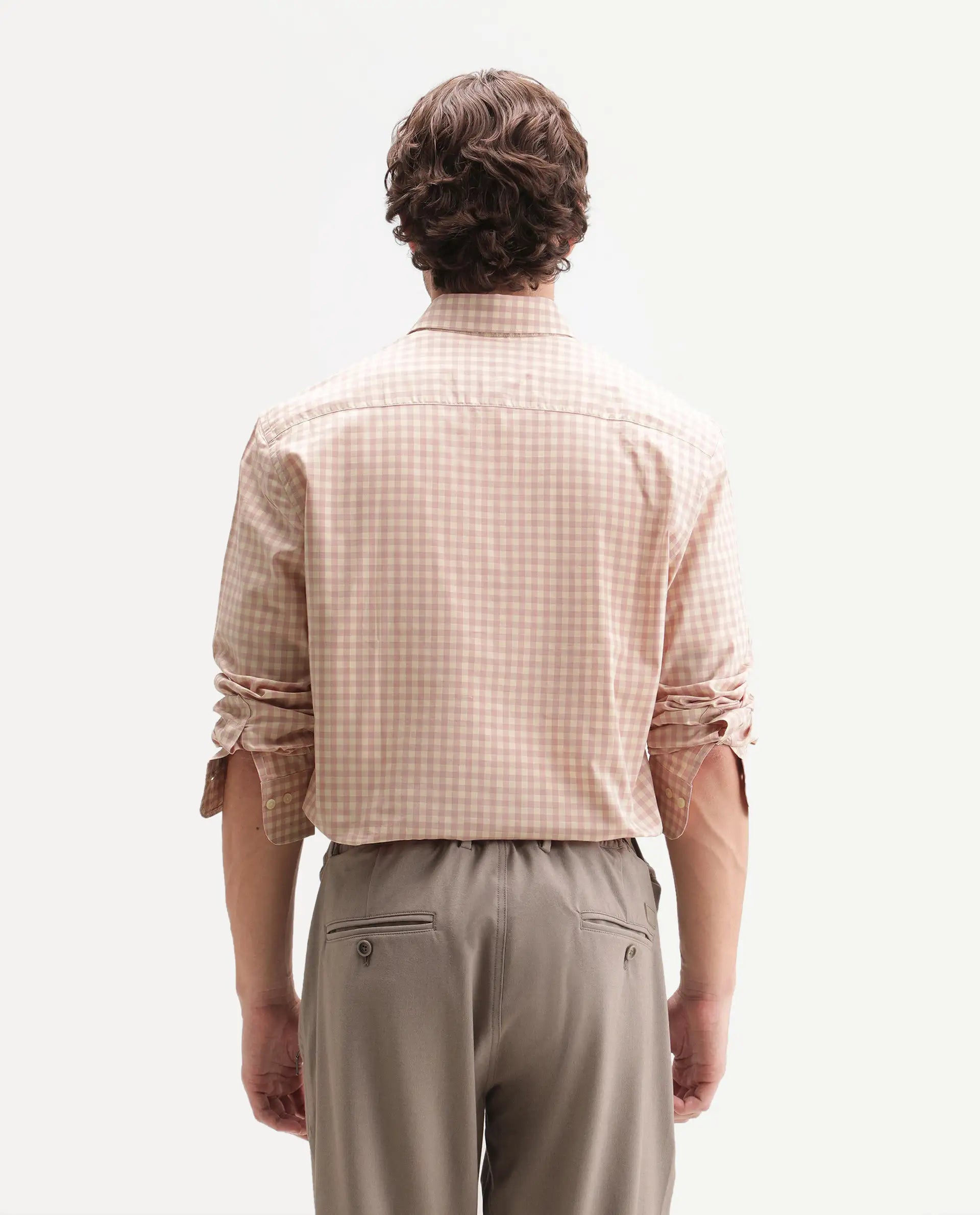 Rare Rabbit Men's Drak Dark Pink Cotton Blend Spread Collar Button Regular Checked Shirt