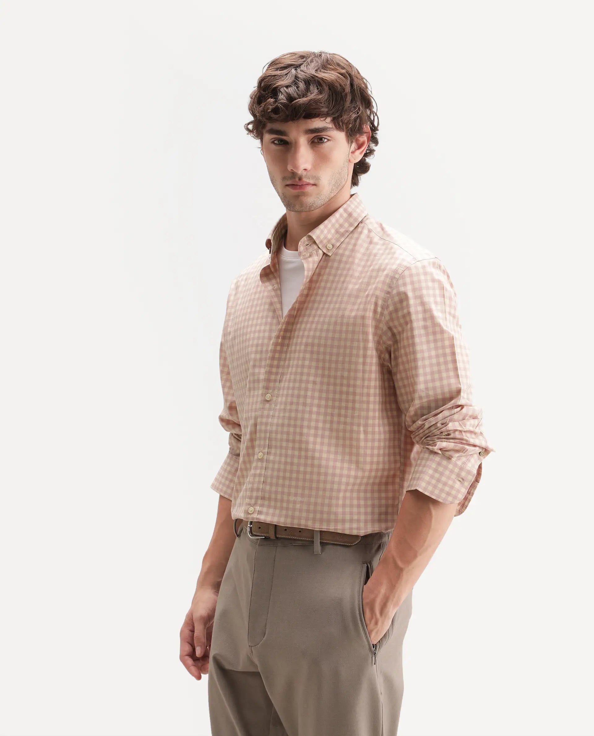 Rare Rabbit Men's Drak Dark Pink Cotton Blend Spread Collar Button Regular Checked Shirt