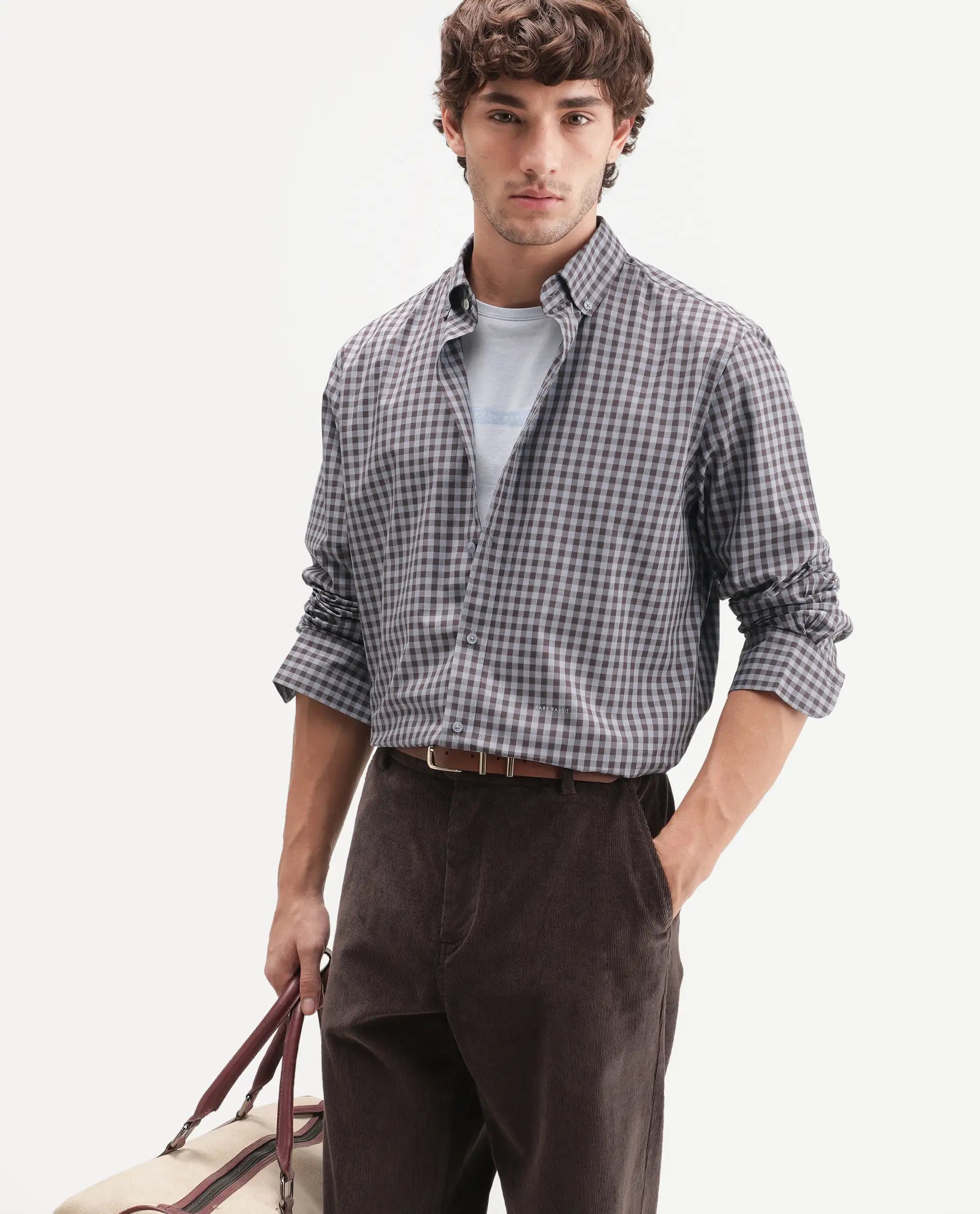 Rare Rabbit Men's Drak Dusky Blue Cotton Blend Spread Collar Button Regular Checked Shirt