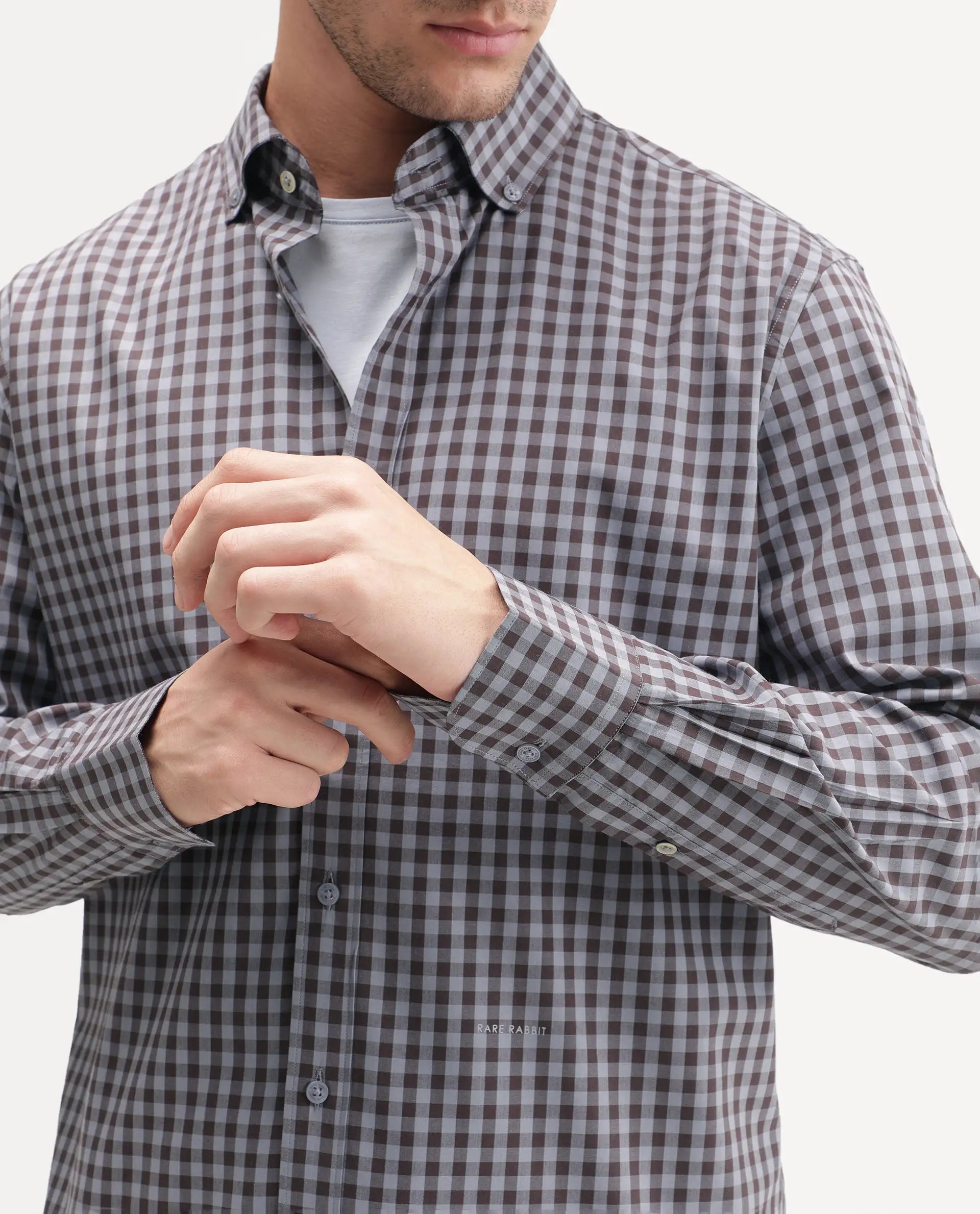 Rare Rabbit Men's Drak Dusky Blue Cotton Blend Spread Collar Button Regular Checked Shirt