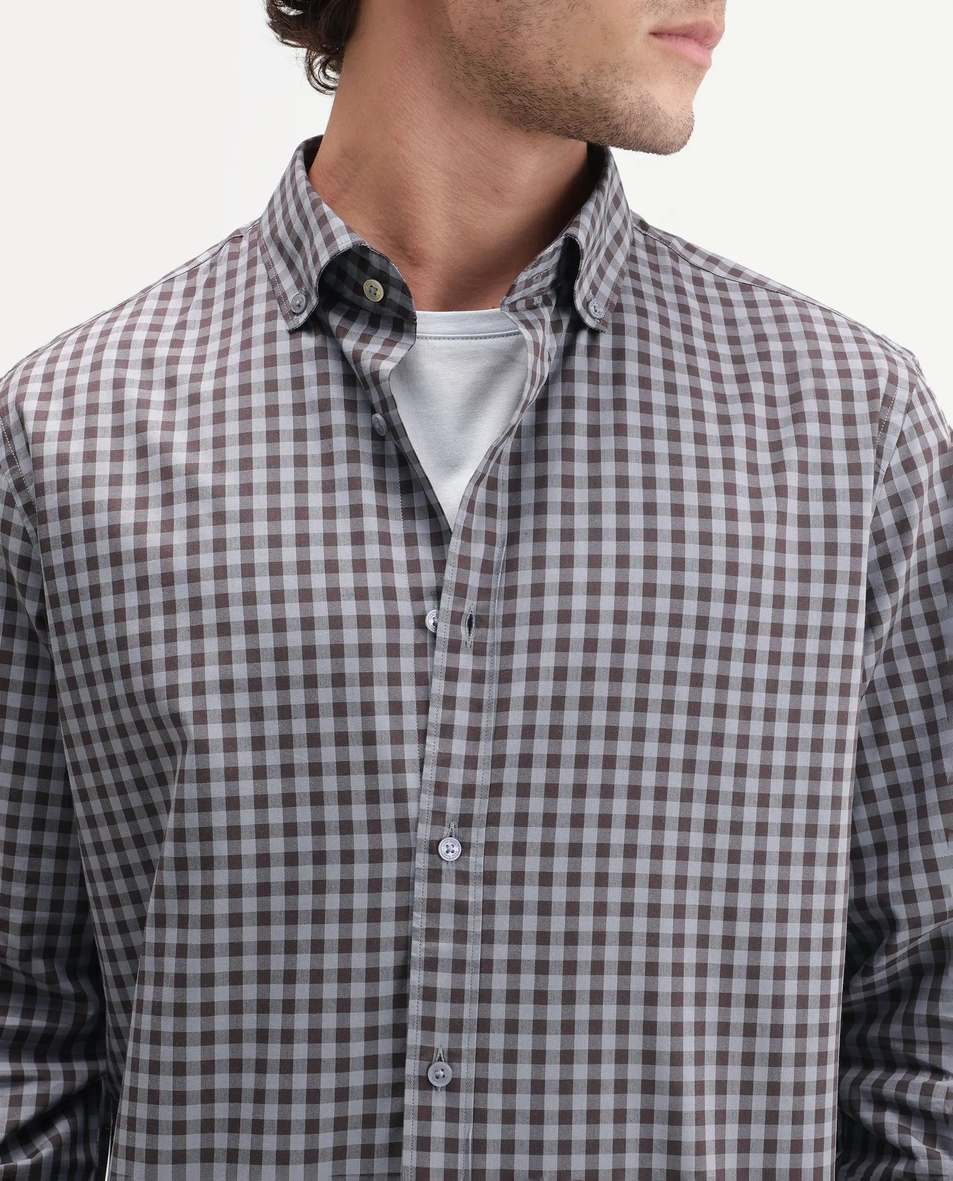 Rare Rabbit Men's Drak Dusky Blue Cotton Blend Spread Collar Button Regular Checked Shirt