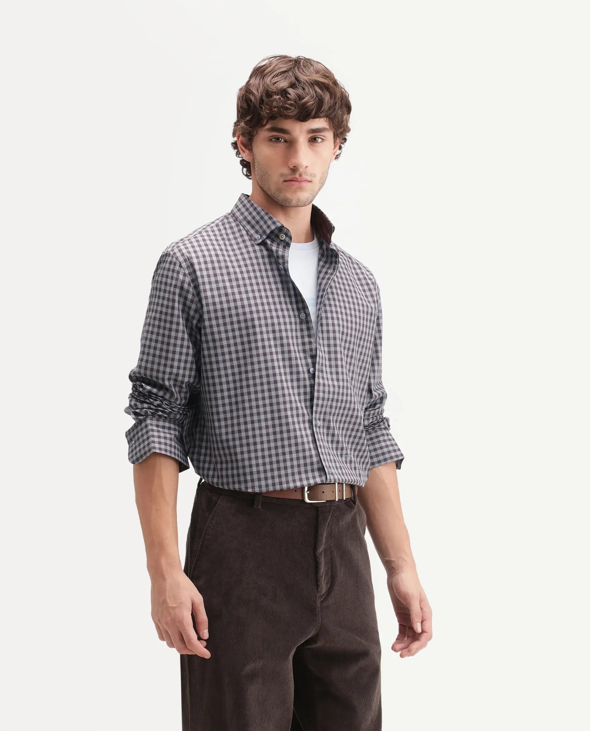 Rare Rabbit Men's Drak Dusky Blue Cotton Blend Spread Collar Button Regular Checked Shirt