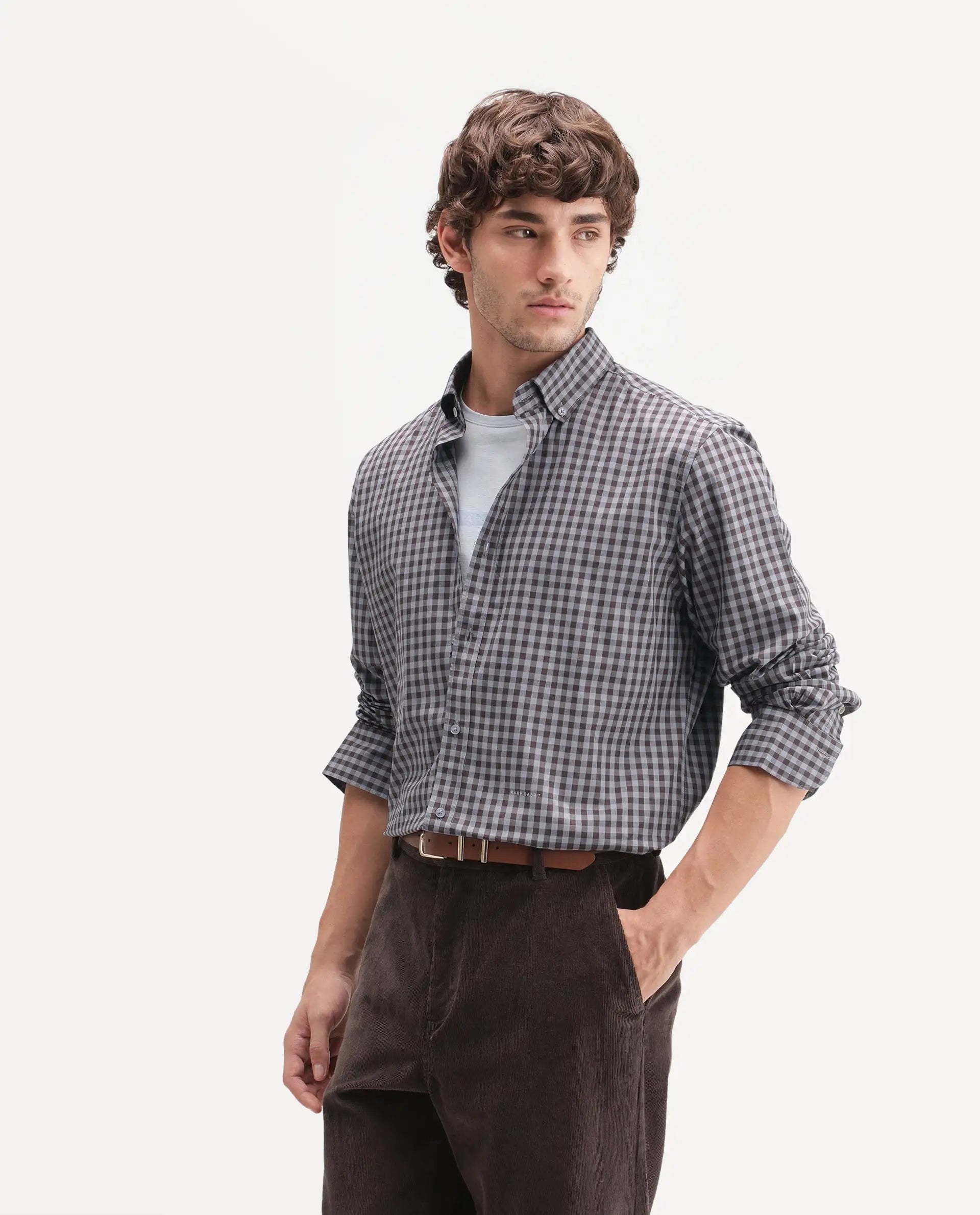 Rare Rabbit Men's Drak Dusky Blue Cotton Blend Spread Collar Button Regular Checked Shirt