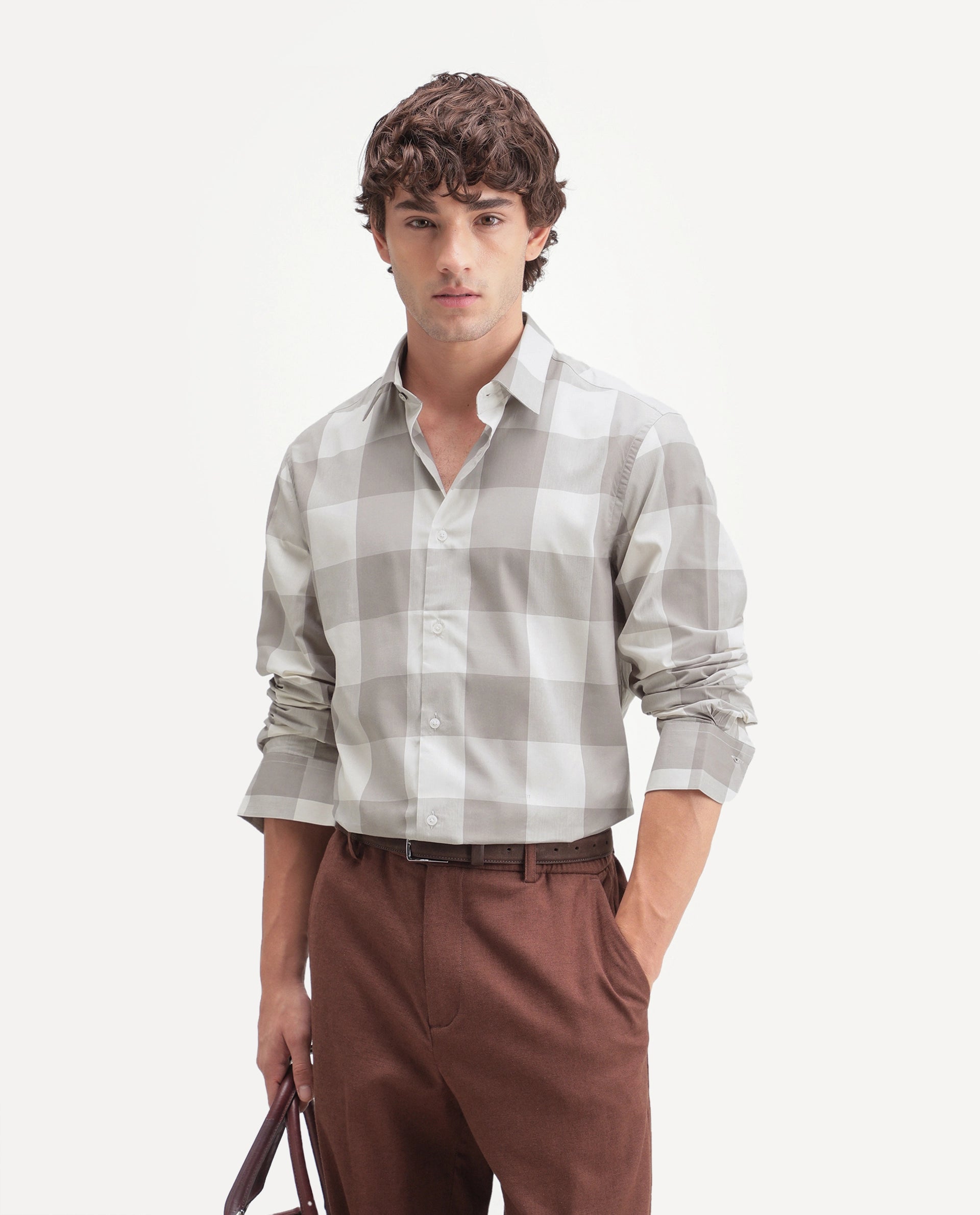 Rare Rabbit Men's Gryx Dusky Brown Cotton Blend Spread Collar Button Regular Checked Shirt