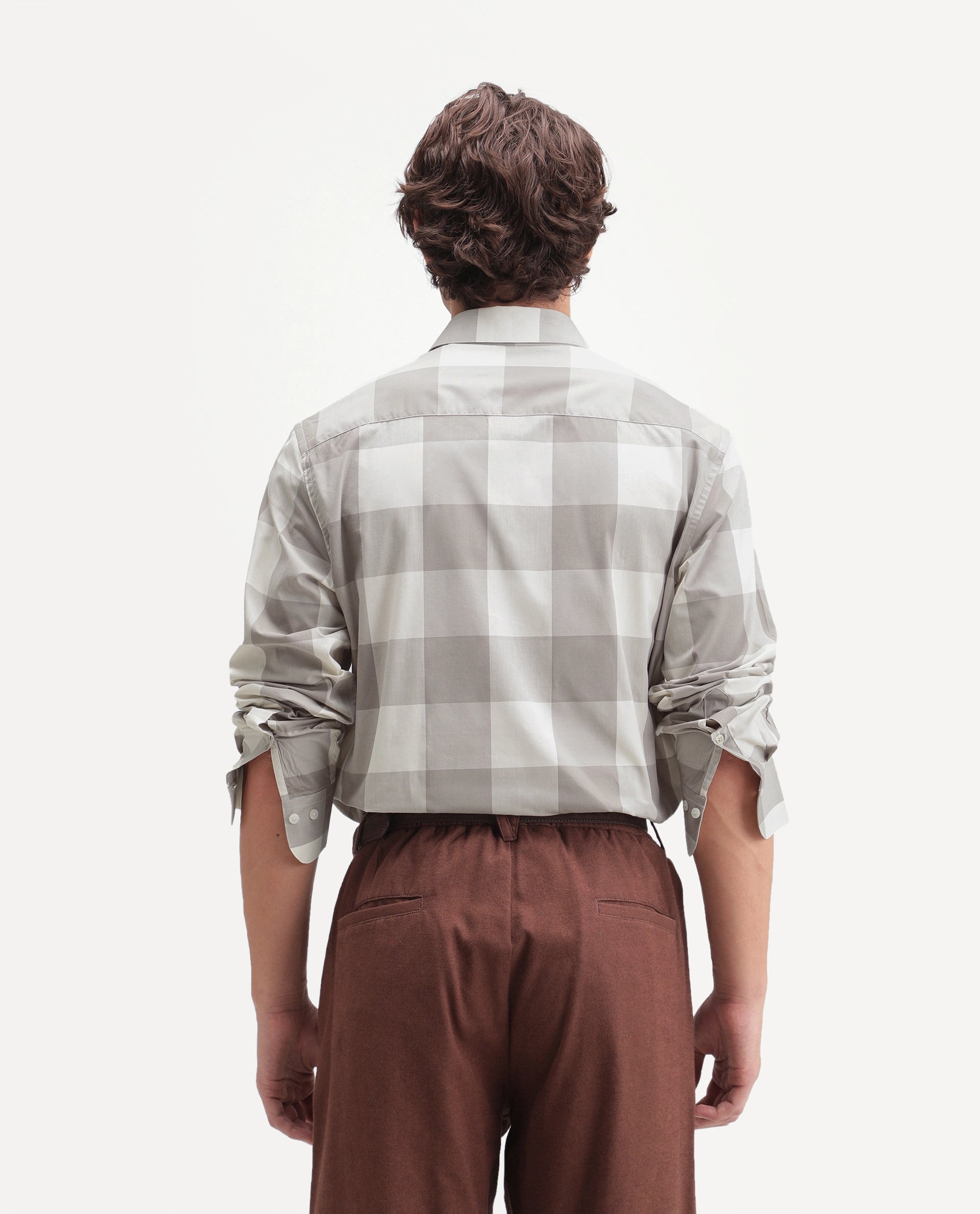 Rare Rabbit Men's Gryx Dusky Brown Cotton Blend Spread Collar Button Regular Checked Shirt