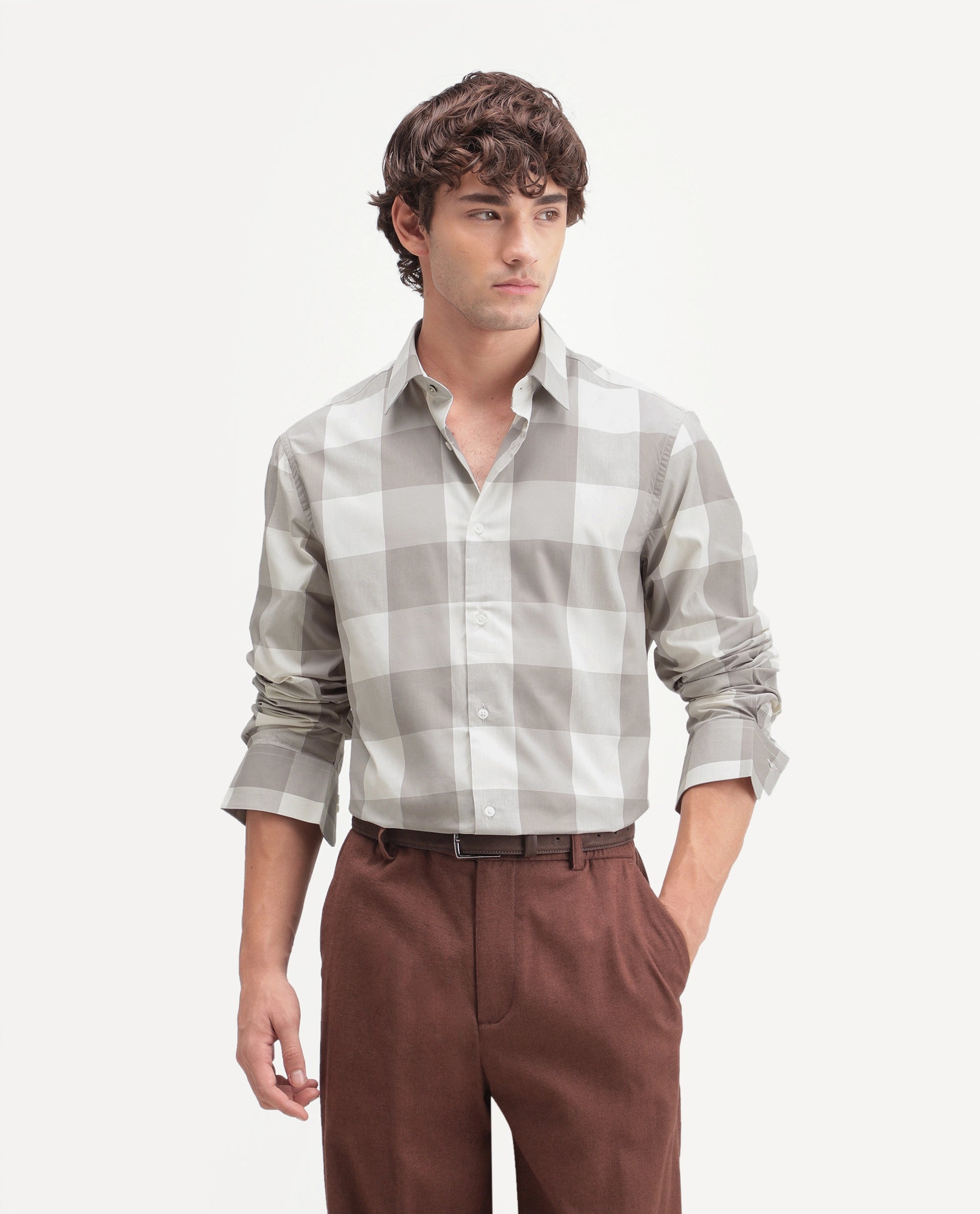 Rare Rabbit Men's Gryx Dusky Brown Cotton Blend Spread Collar Button Regular Checked Shirt
