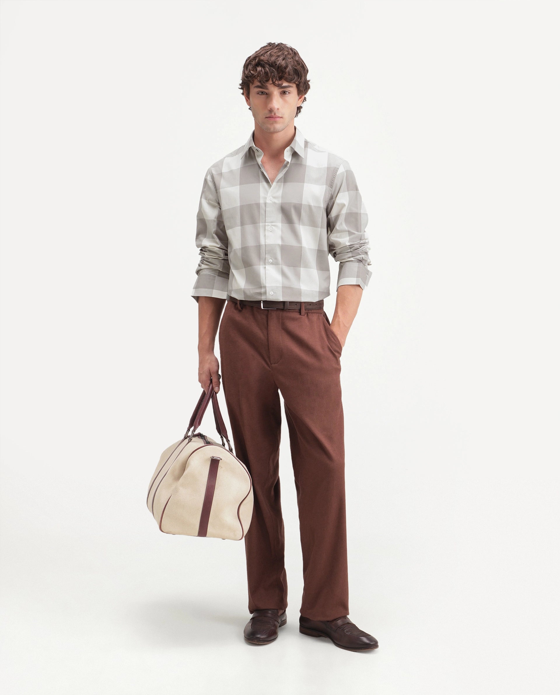 Rare Rabbit Men's Gryx Dusky Brown Cotton Blend Spread Collar Button Regular Checked Shirt