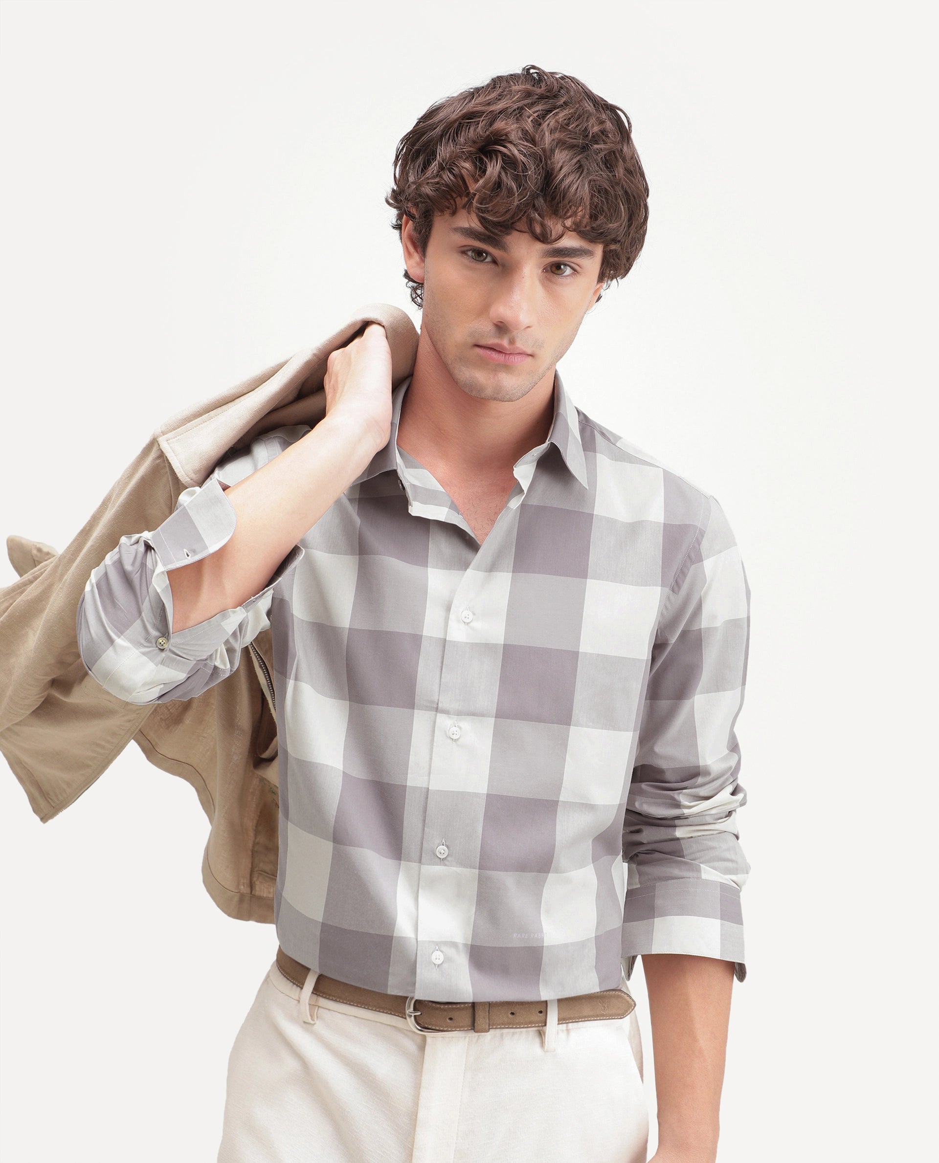 Rare Rabbit Men's Gryx Dusky Purple Cotton Blend Spread Collar Button Regular Checked Shirt