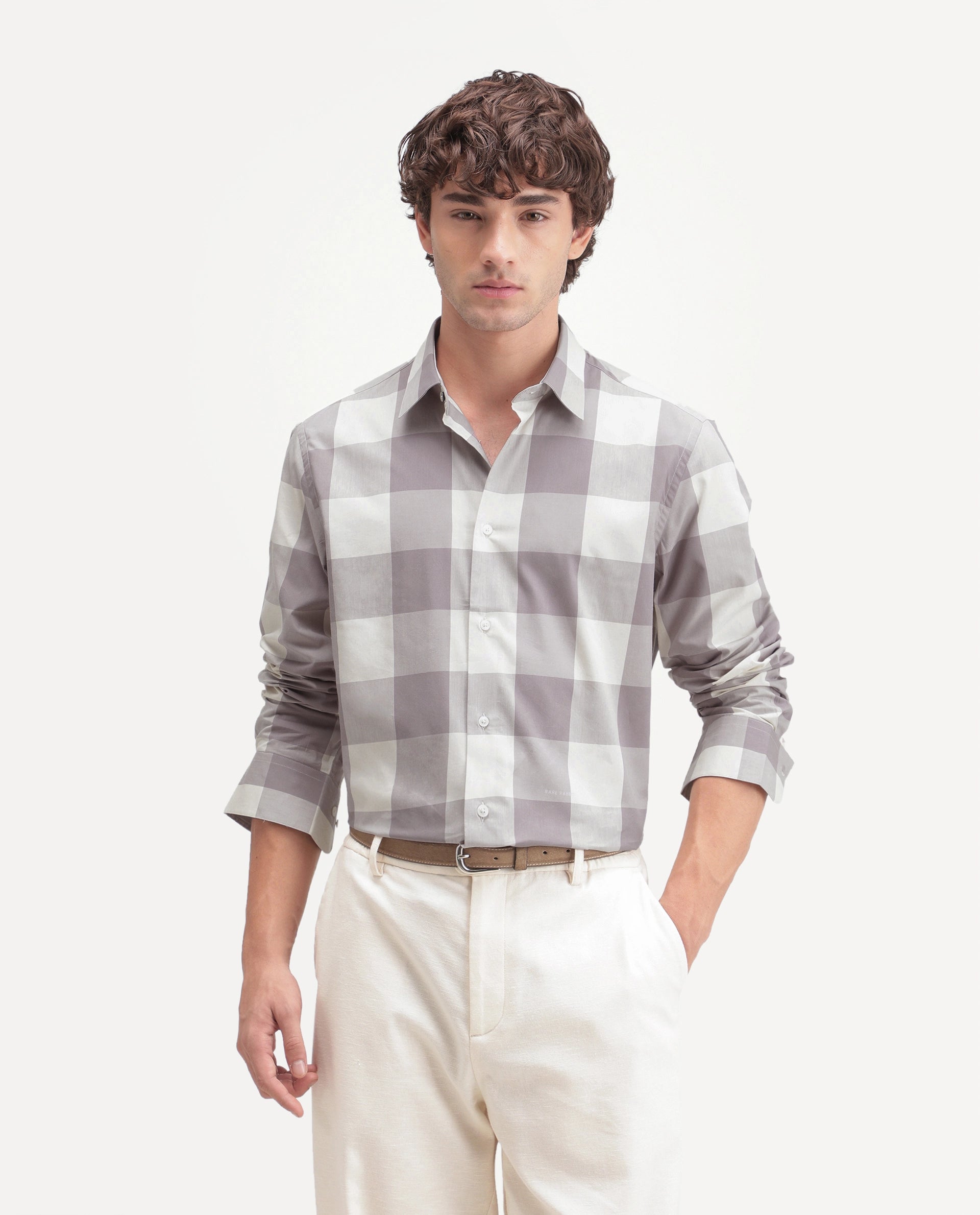 Rare Rabbit Men's Gryx Dusky Purple Cotton Blend Spread Collar Button Regular Checked Shirt