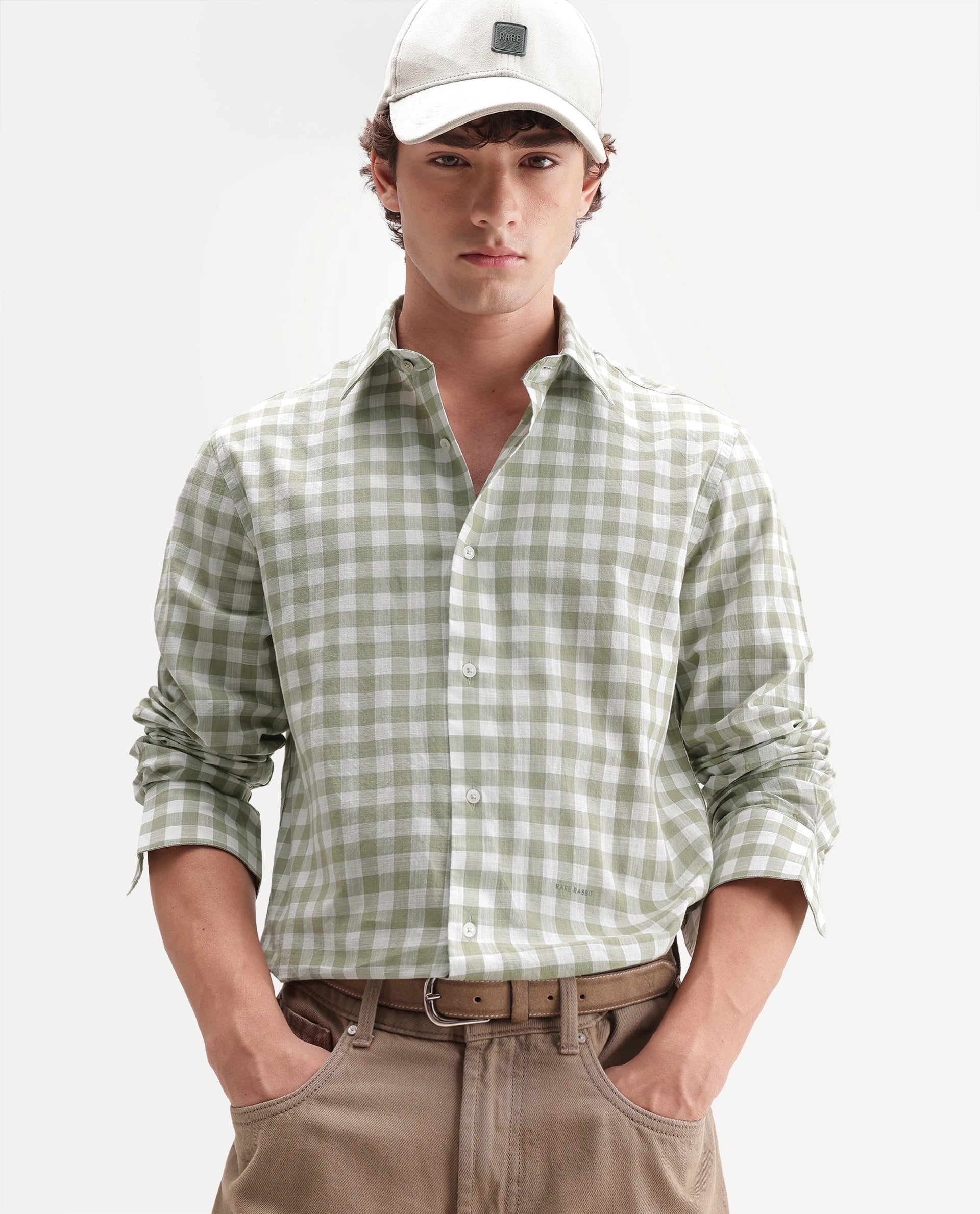 Rare Rabbit Men's Mard Primary Green Cotton Spread Collar Button Regular Checked Shirt
