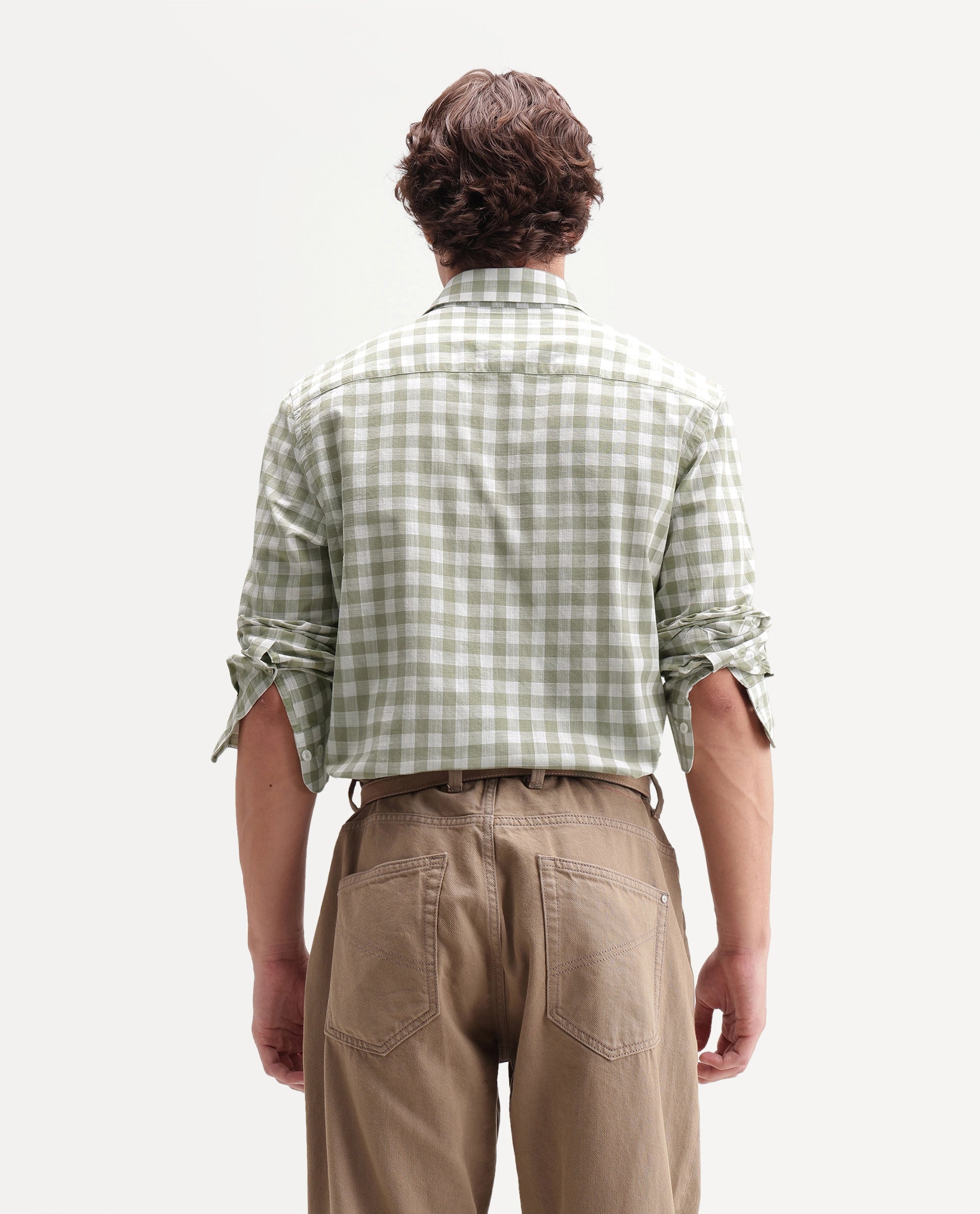 Rare Rabbit Men's Mard Primary Green Cotton Spread Collar Button Regular Checked Shirt