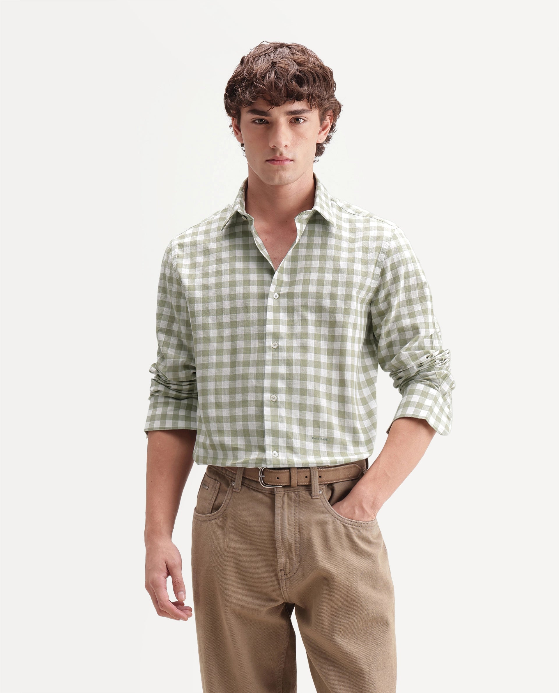 Rare Rabbit Men's Mard Primary Green Cotton Spread Collar Button Regular Checked Shirt