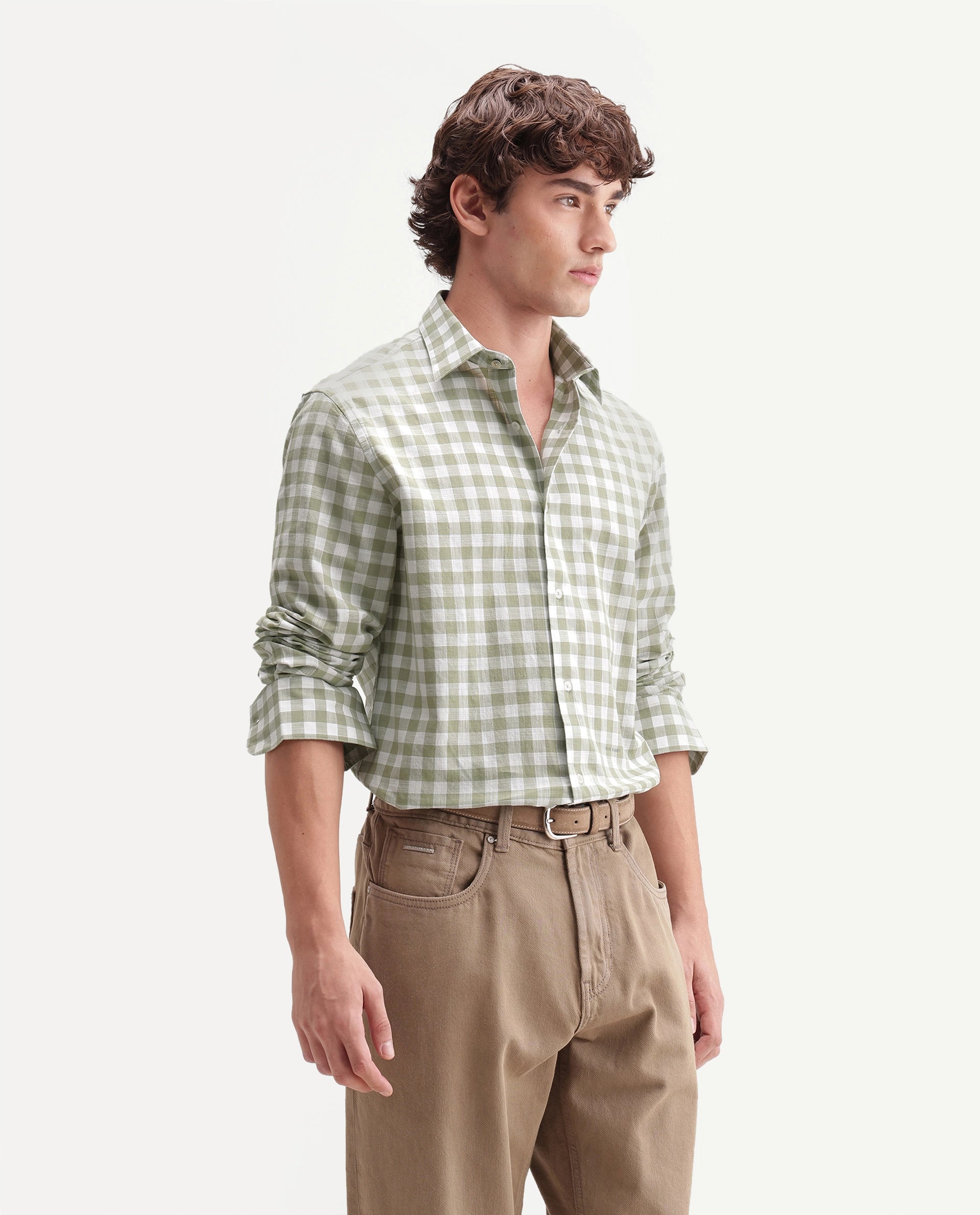 Rare Rabbit Men's Mard Primary Green Cotton Spread Collar Button Regular Checked Shirt