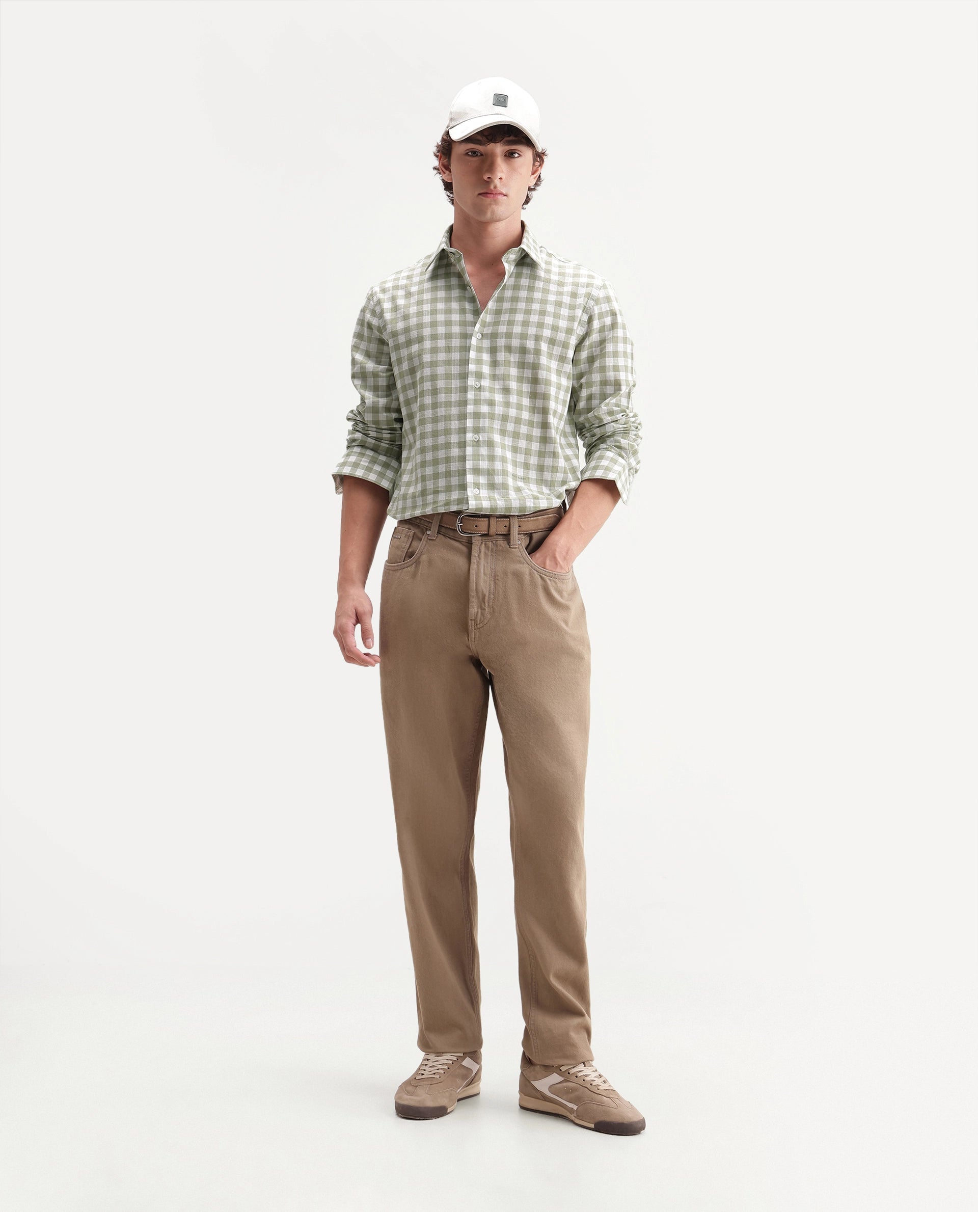 Rare Rabbit Men's Mard Primary Green Cotton Spread Collar Button Regular Checked Shirt