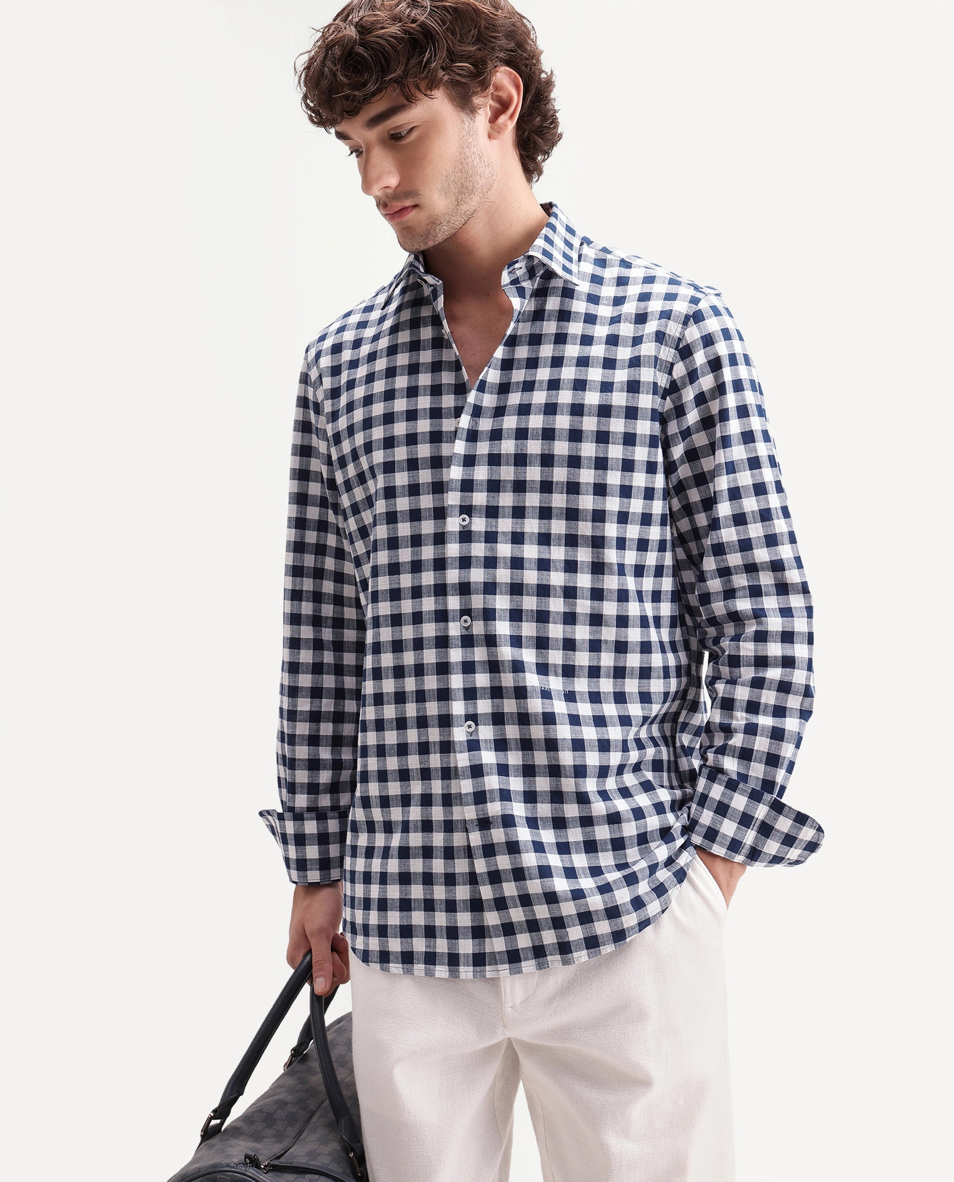 Rare Rabbit Men's Mard Dark Blue Cotton Spread Collar Button Regular Checked Shirt