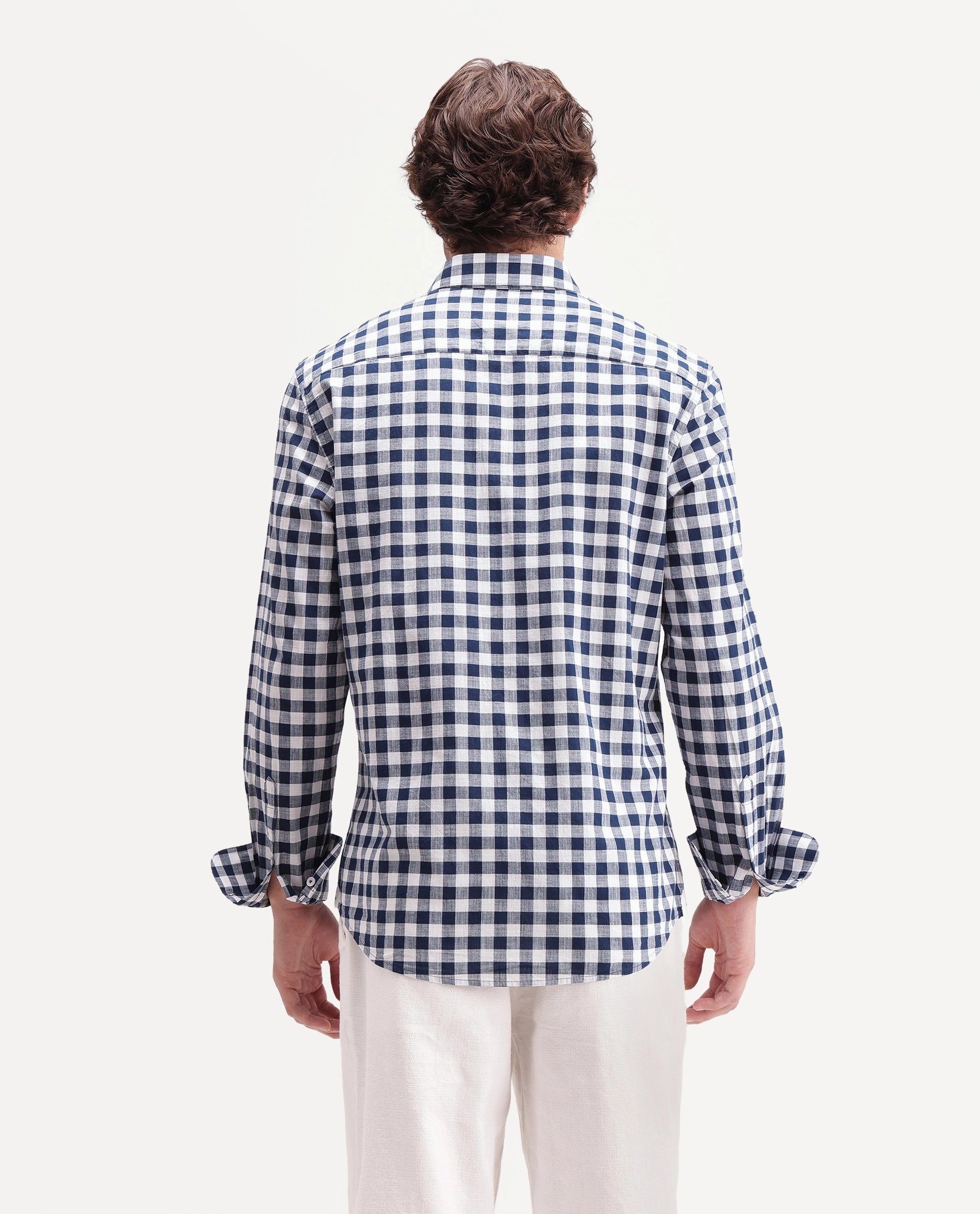 Rare Rabbit Men's Mard Dark Blue Cotton Spread Collar Button Regular Checked Shirt