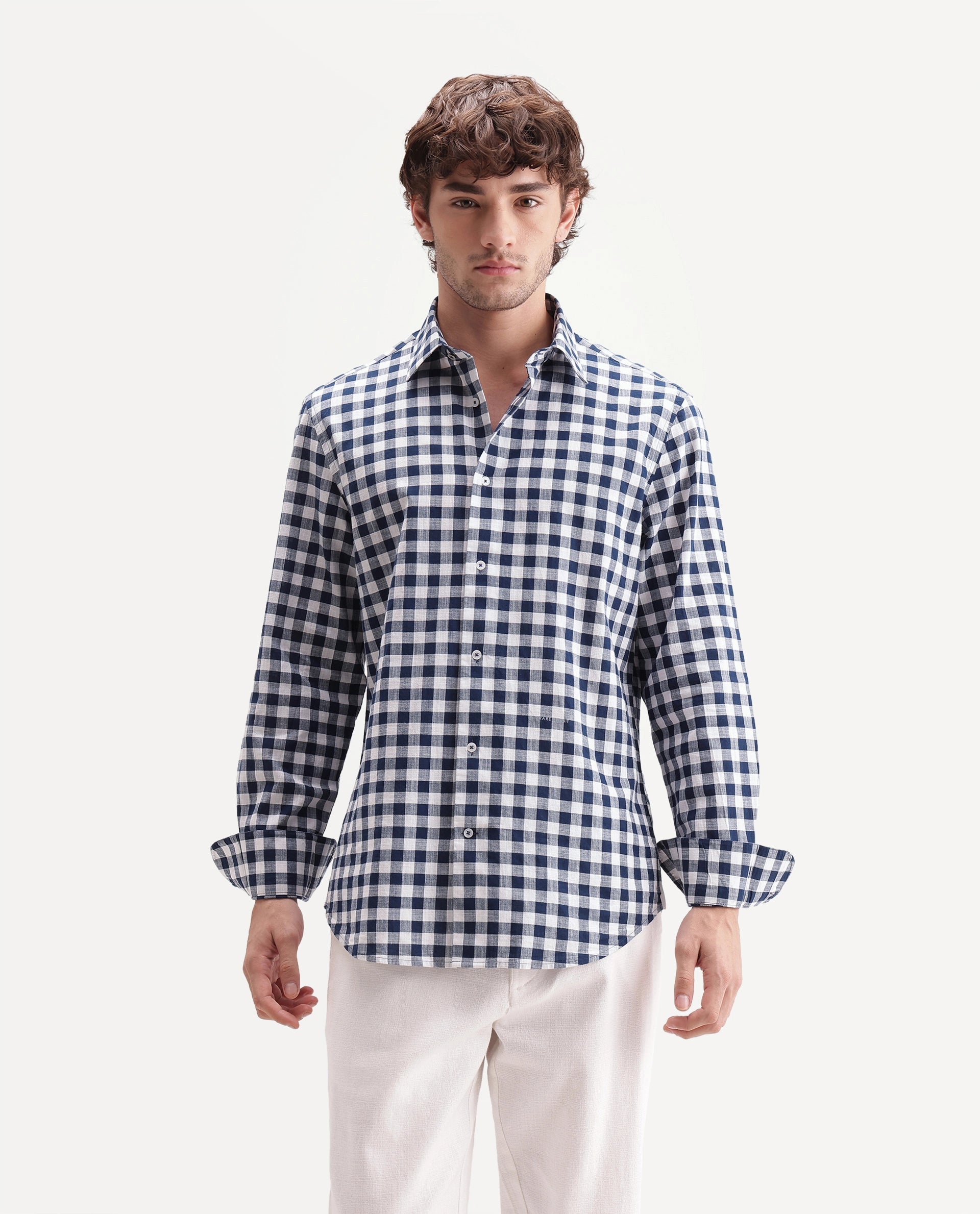 Rare Rabbit Men's Mard Dark Blue Cotton Spread Collar Button Regular Checked Shirt