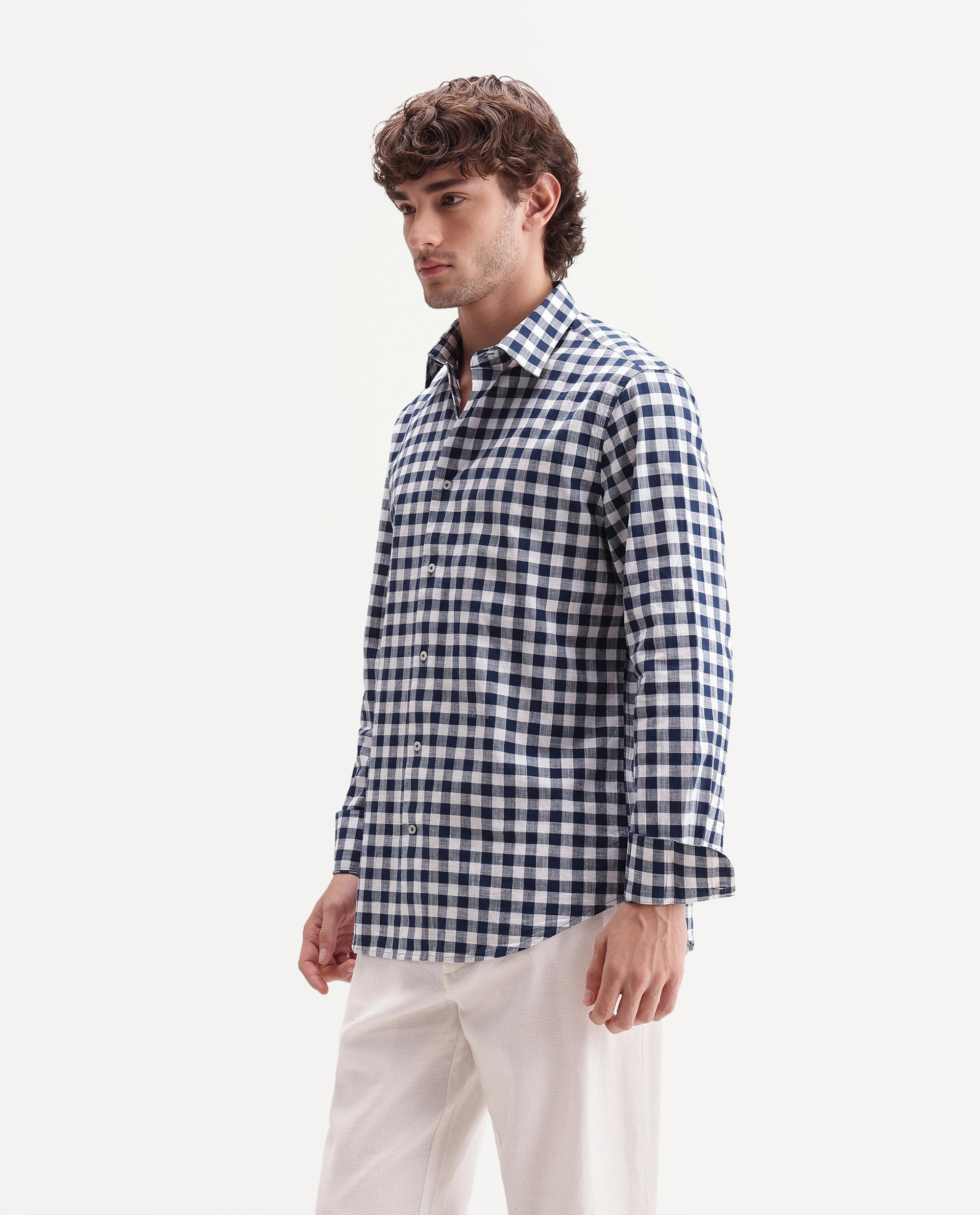 Rare Rabbit Men's Mard Dark Blue Cotton Spread Collar Button Regular Checked Shirt