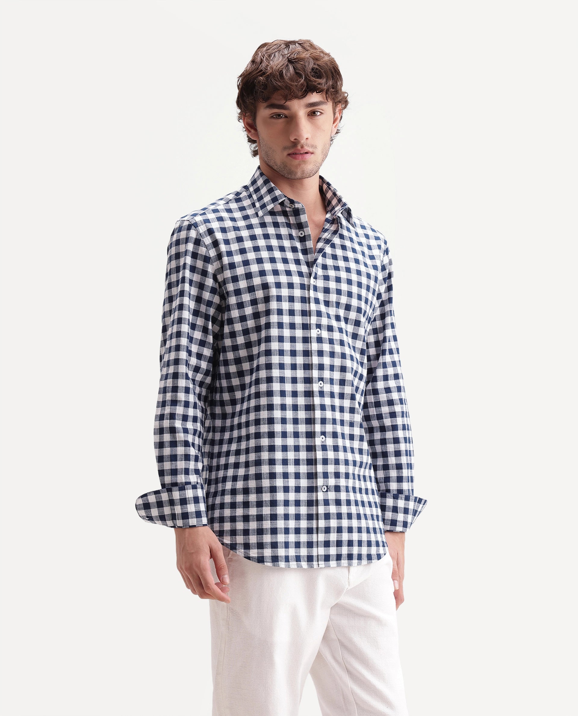Rare Rabbit Men's Mard Dark Blue Cotton Spread Collar Button Regular Checked Shirt
