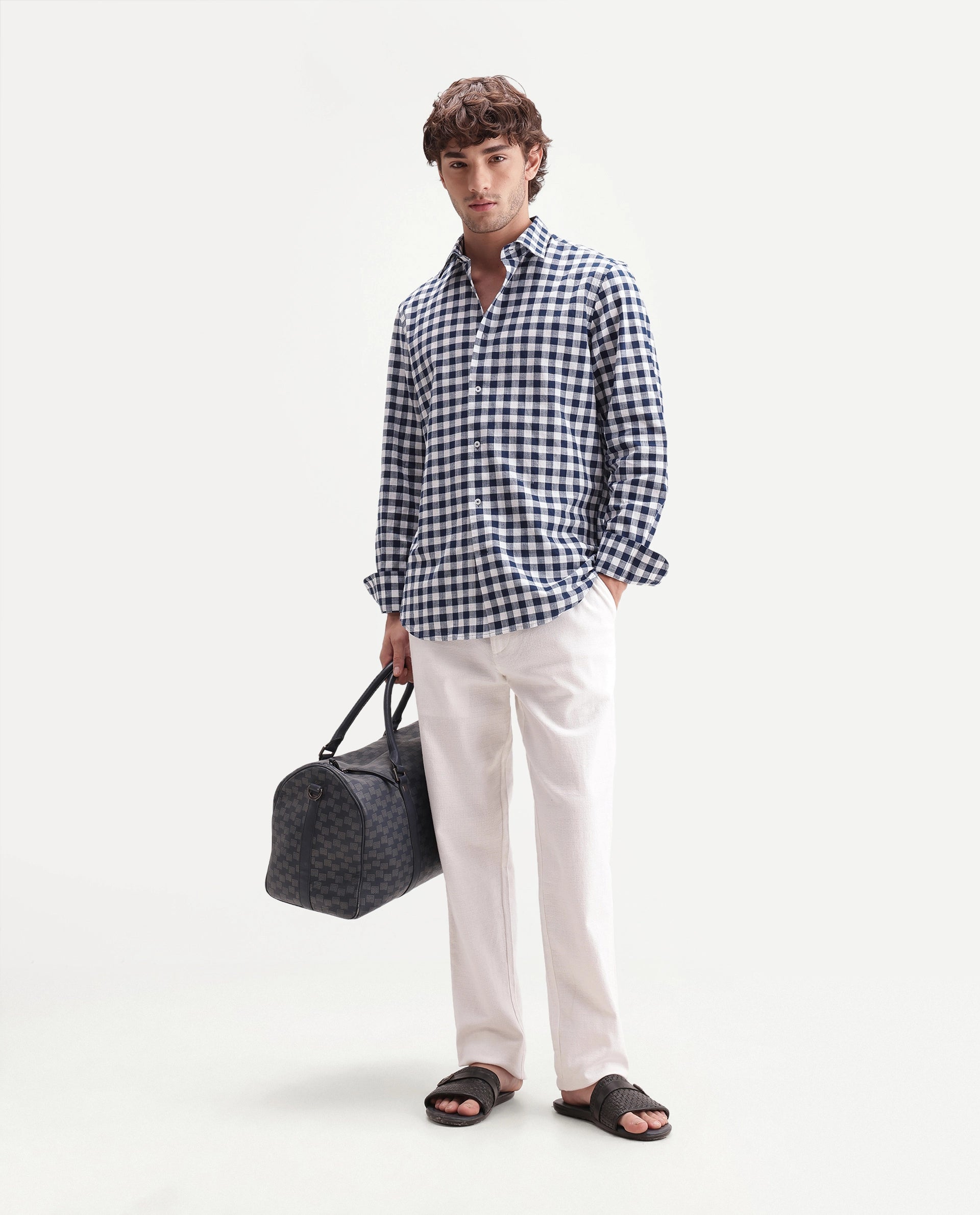Rare Rabbit Men's Mard Dark Blue Cotton Spread Collar Button Regular Checked Shirt