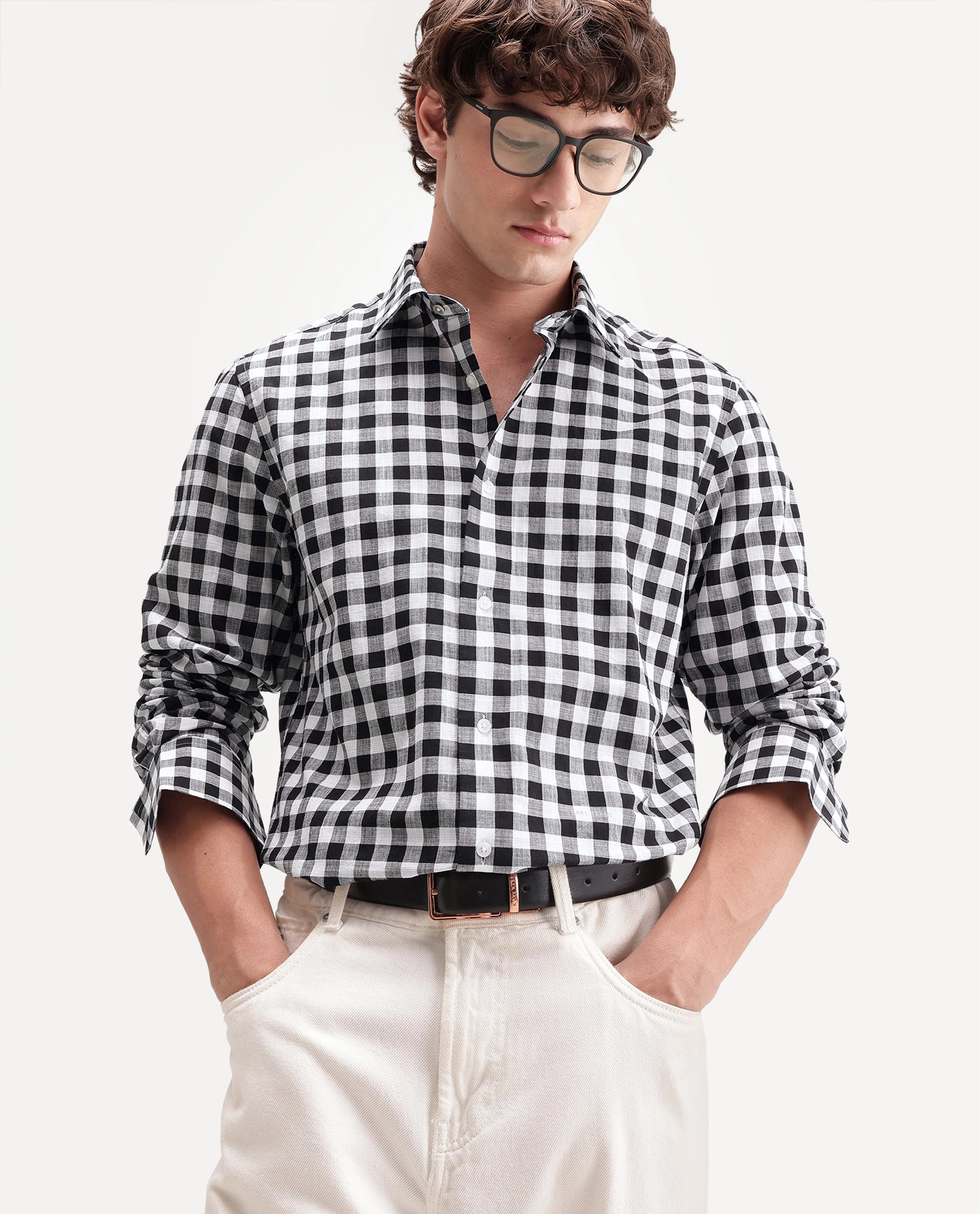 Rare Rabbit Men's Mard Primary Black Cotton Spread Collar Button Regular Checked Shirt
