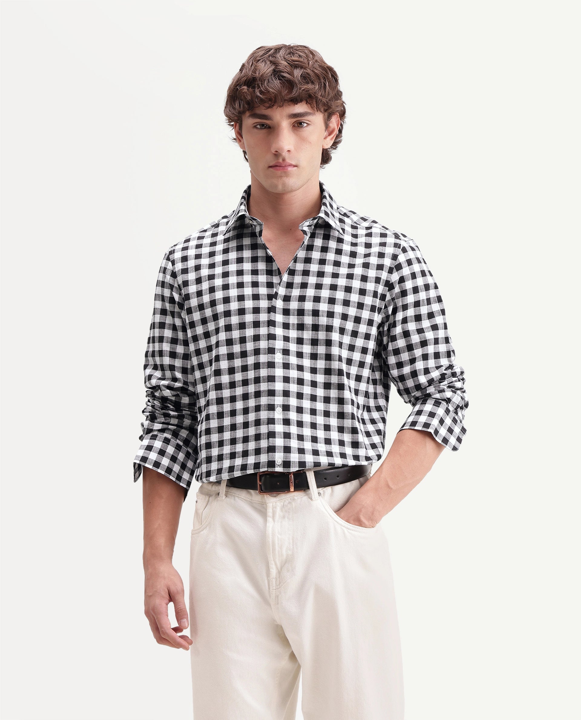 Rare Rabbit Men's Mard Primary Black Cotton Spread Collar Button Regular Checked Shirt