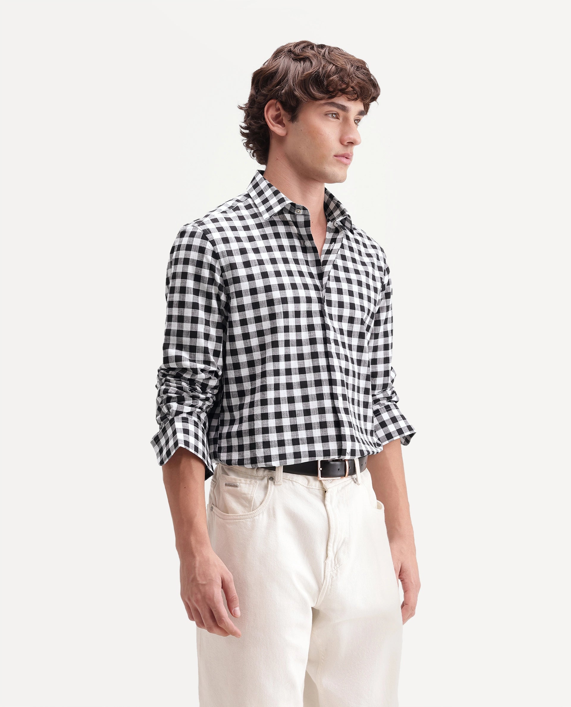 Rare Rabbit Men's Mard Primary Black Cotton Spread Collar Button Regular Checked Shirt