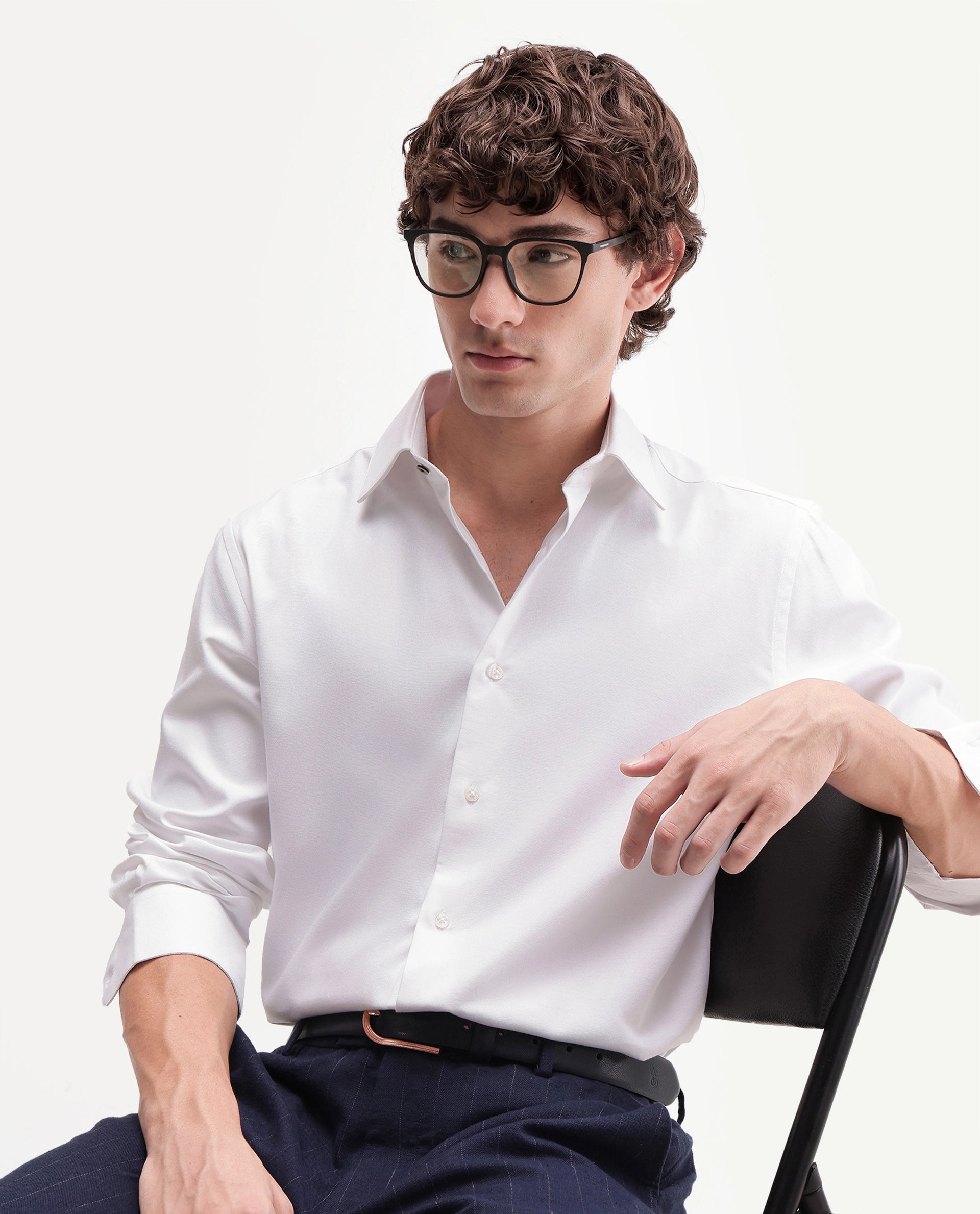 Rare Rabbit Men's Ervon Primary White Polyester Blend Spread Collar Button Regular Plain Shirt