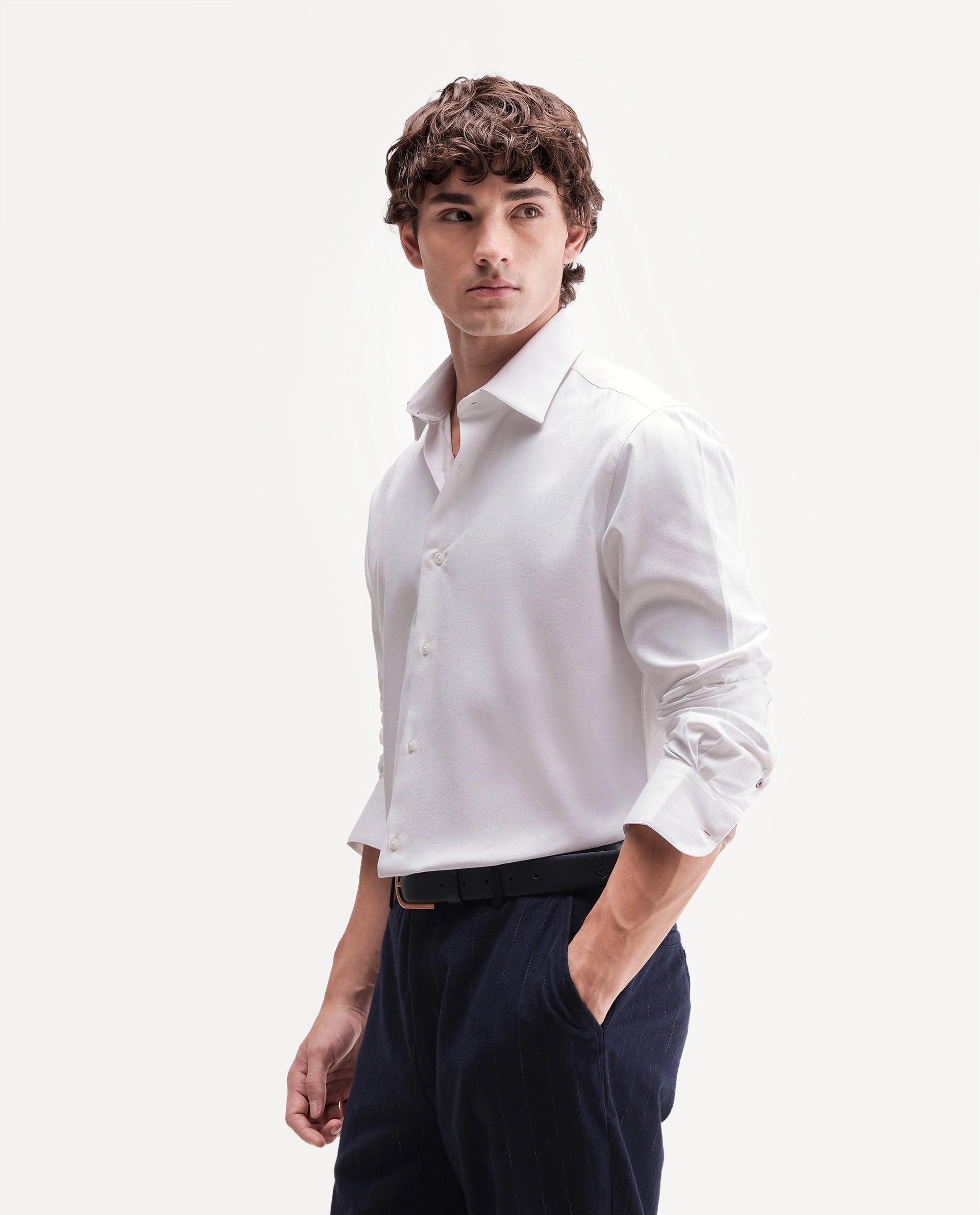 Rare Rabbit Men's Ervon Primary White Polyester Blend Spread Collar Button Regular Plain Shirt