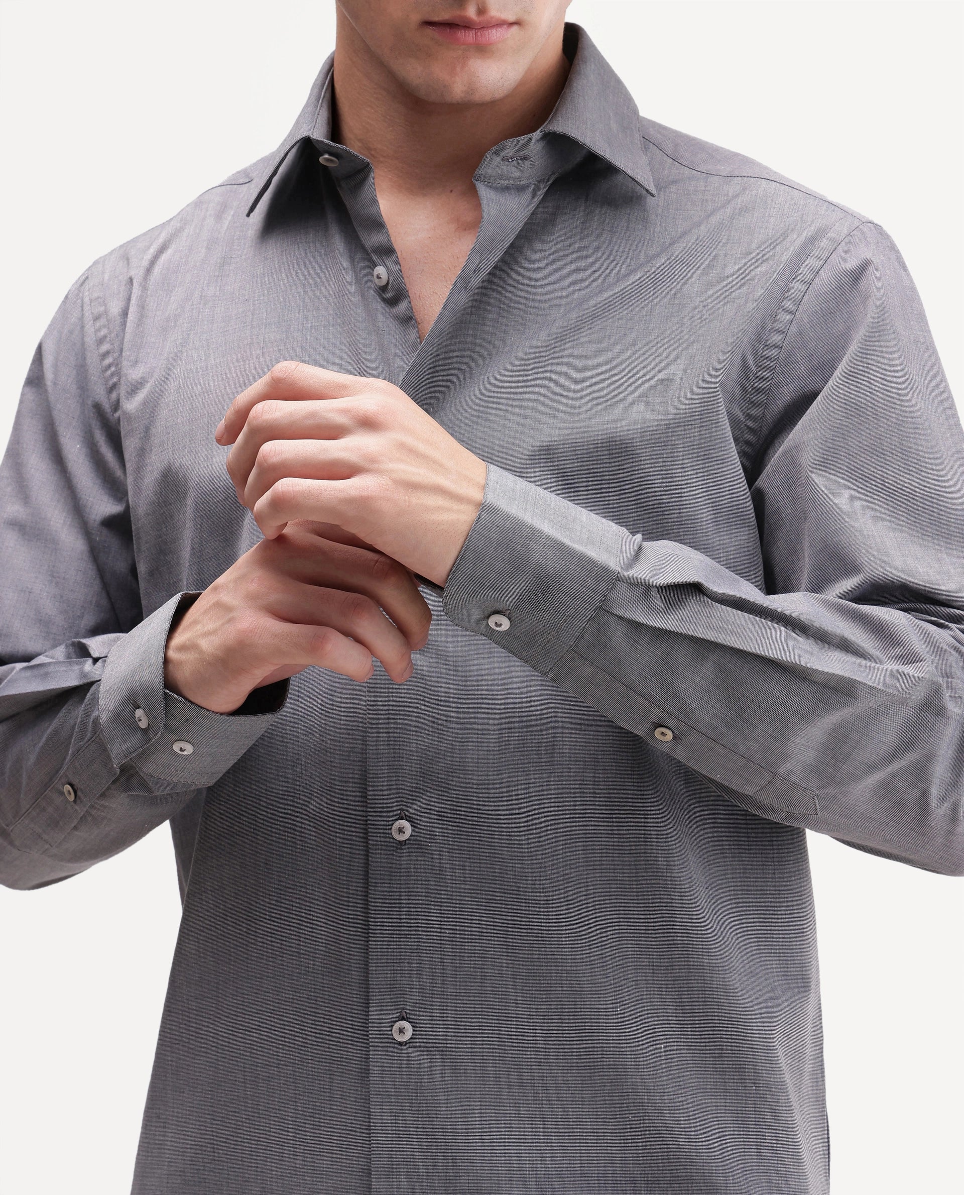 Rare Rabbit Men's Ervon Dark Grey Polyester Blend Spread Collar Button Regular Plain Shirt