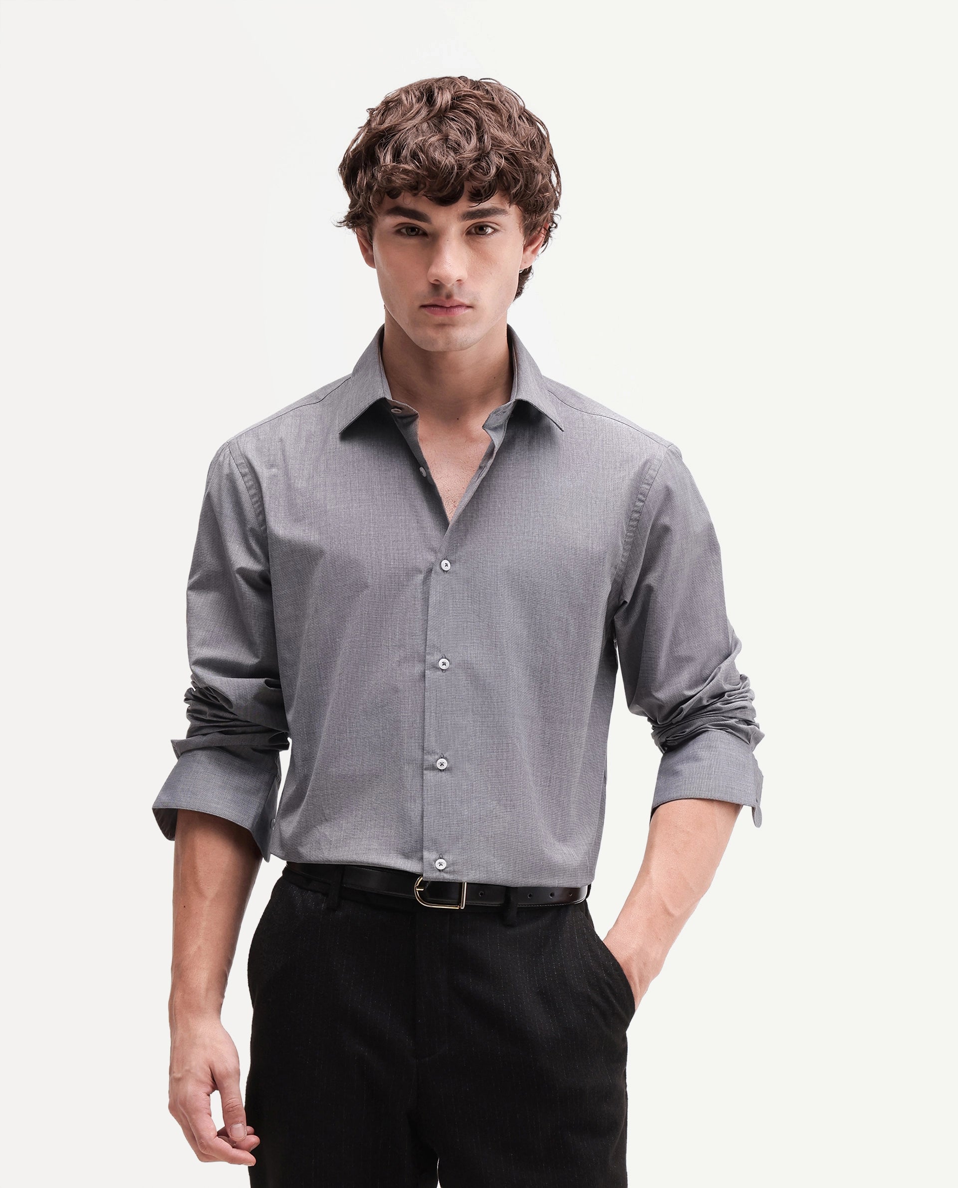 Rare Rabbit Men's Ervon Dark Grey Polyester Blend Spread Collar Button Regular Plain Shirt