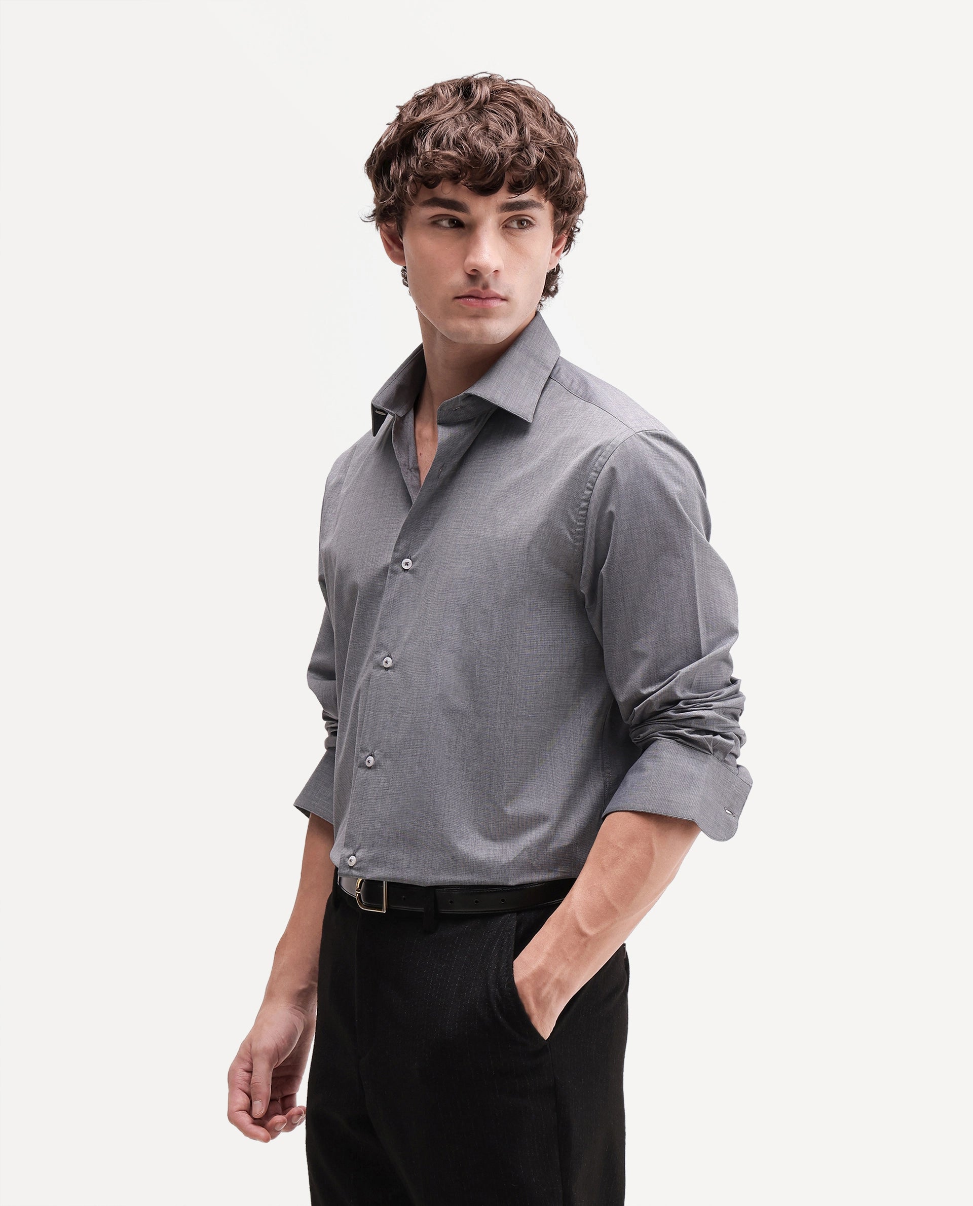 Rare Rabbit Men's Ervon Dark Grey Polyester Blend Spread Collar Button Regular Plain Shirt