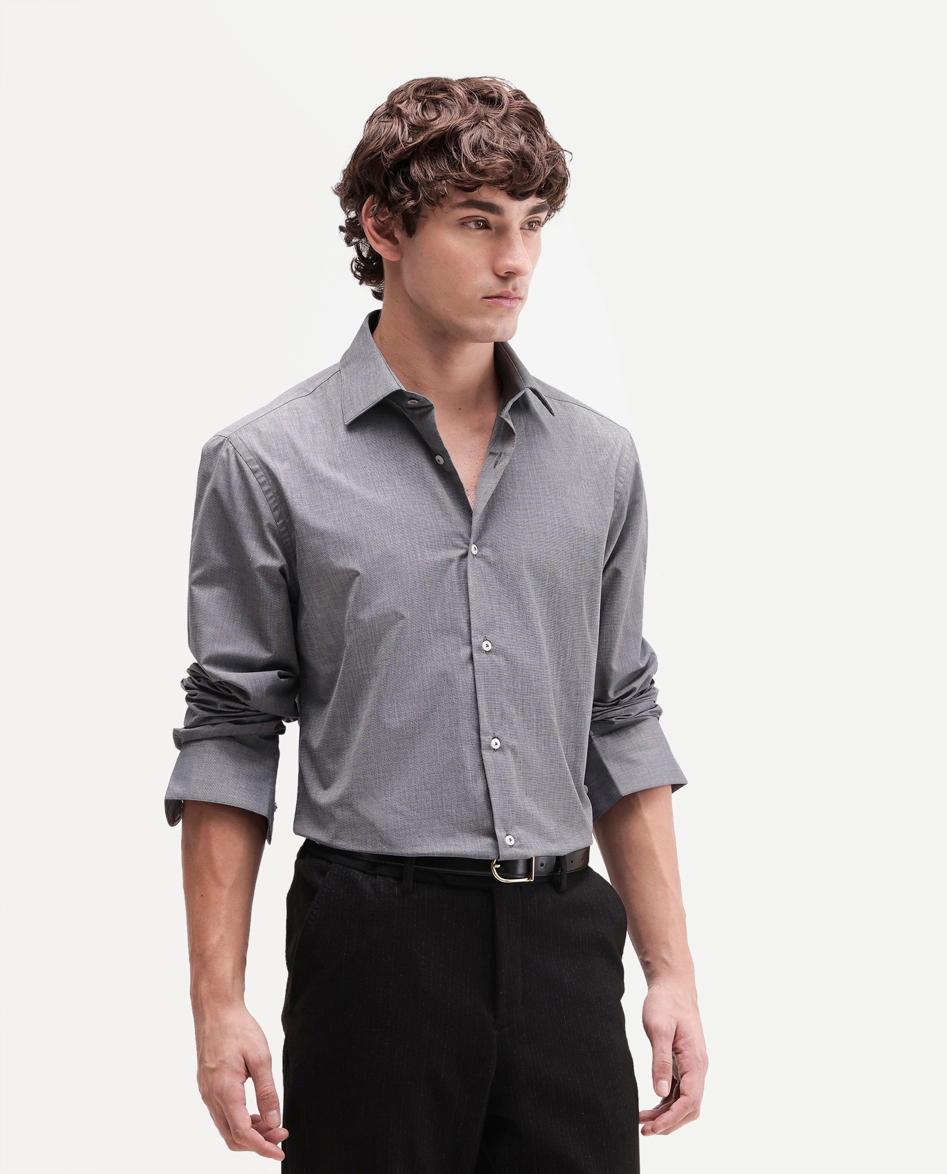 Rare Rabbit Men's Ervon Dark Grey Polyester Blend Spread Collar Button Regular Plain Shirt