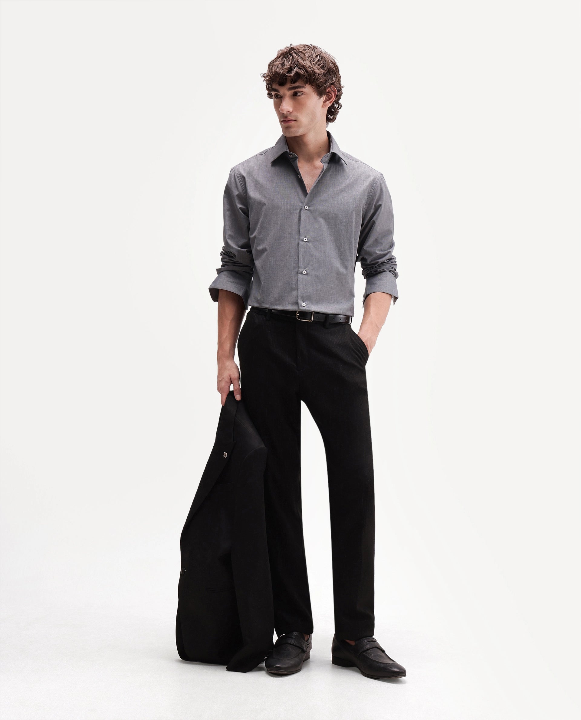 Rare Rabbit Men's Ervon Dark Grey Polyester Blend Spread Collar Button Regular Plain Shirt