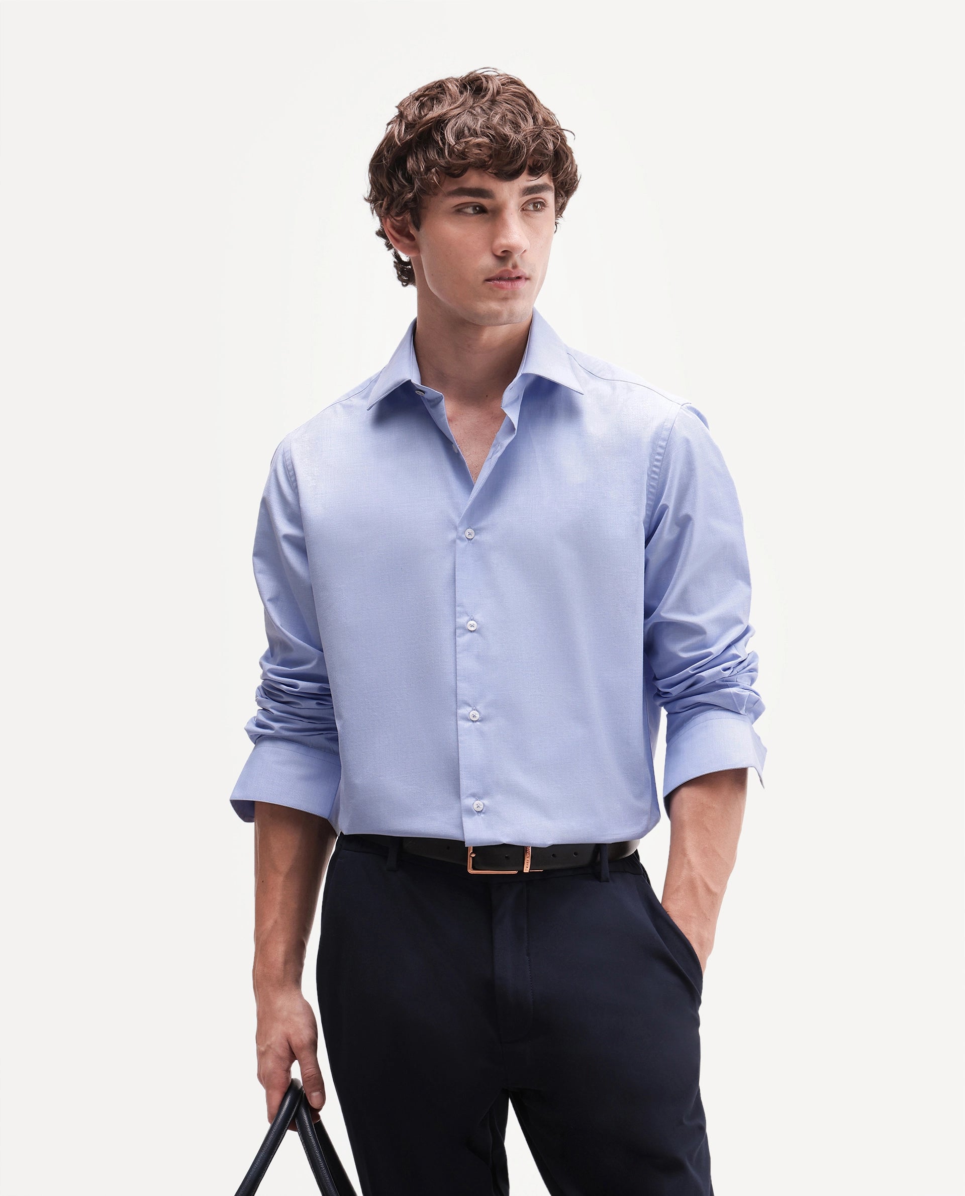 Rare Rabbit Men's Ervon Primary Blue Polyester Blend Spread Collar Button Regular Plain Shirt