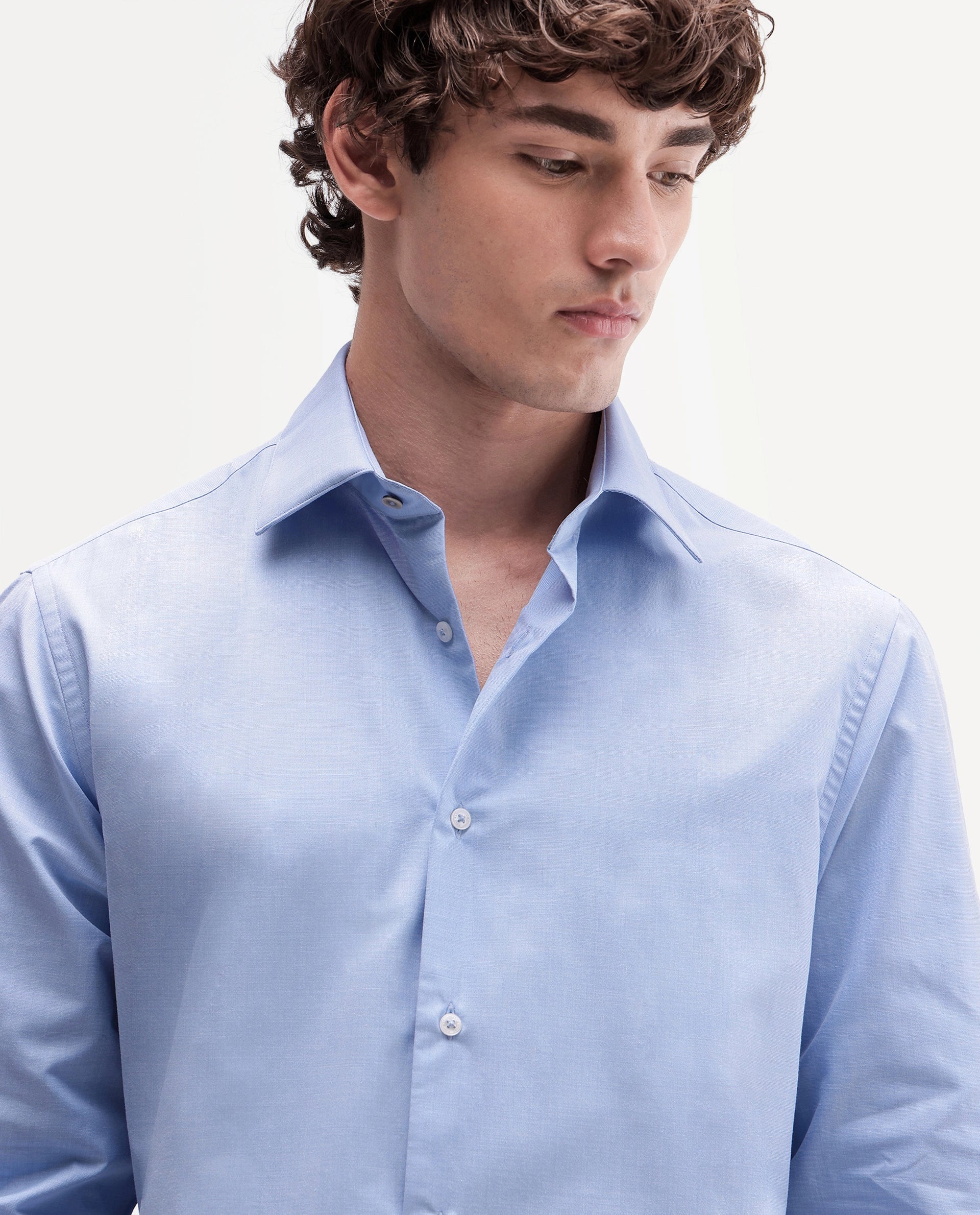 Rare Rabbit Men's Ervon Primary Blue Polyester Blend Spread Collar Button Regular Plain Shirt