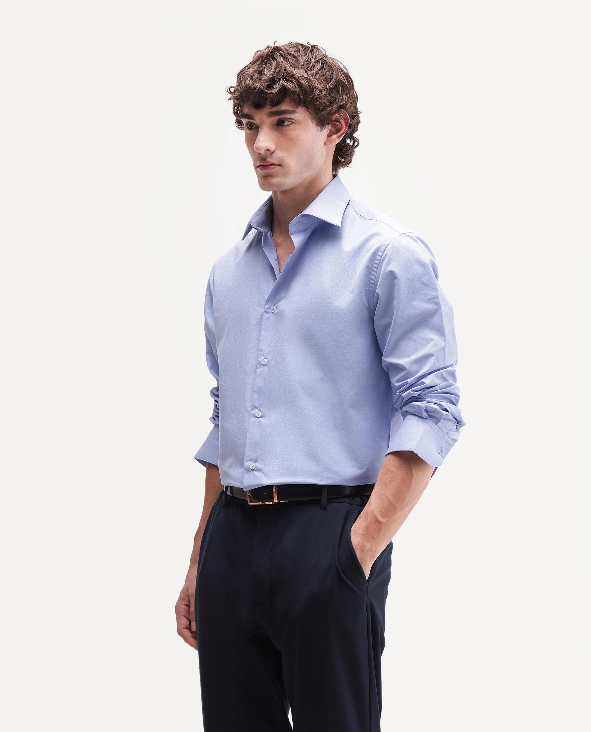 Rare Rabbit Men's Ervon Primary Blue Polyester Blend Spread Collar Button Regular Plain Shirt