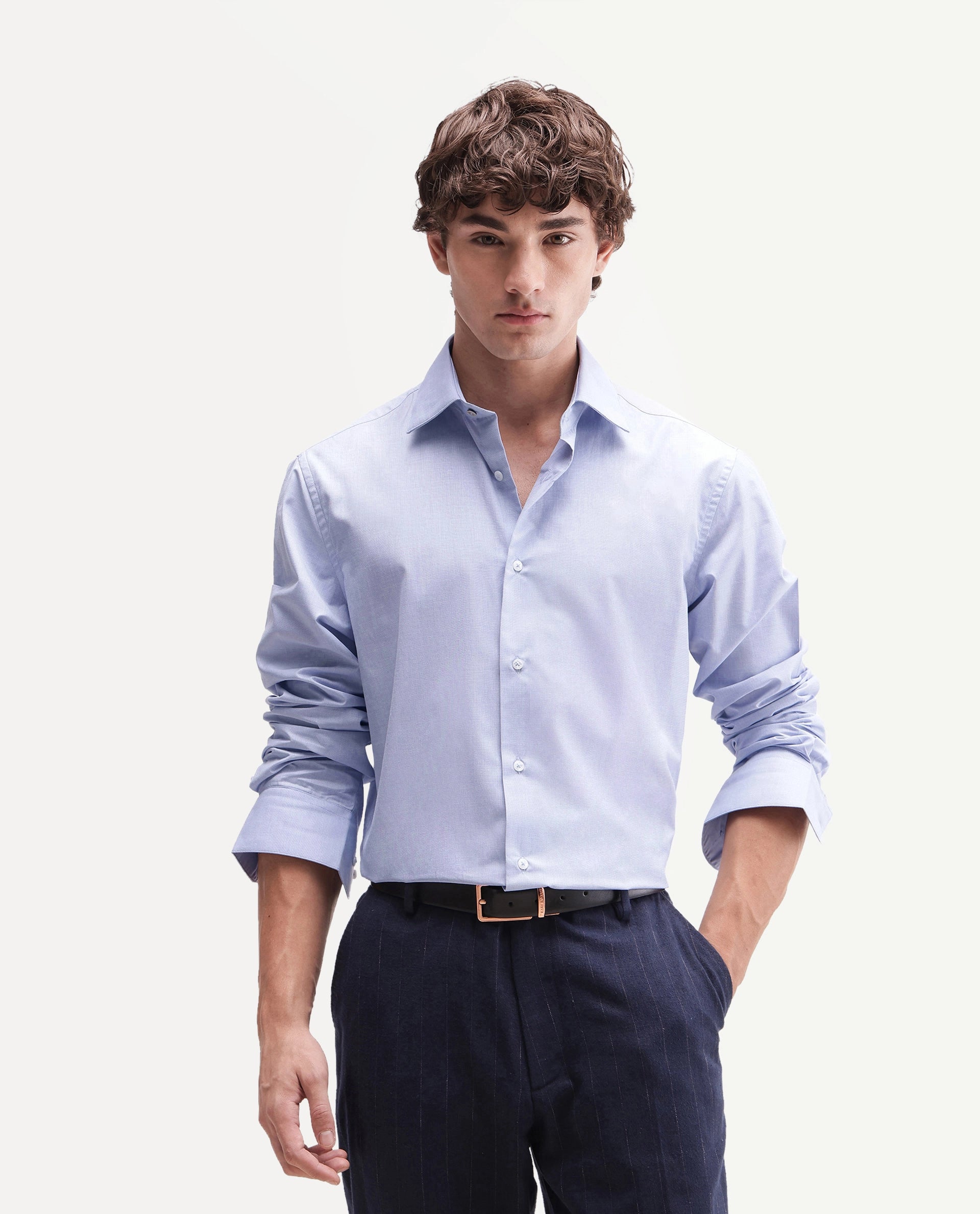 Rare Rabbit Men's Ervon Light Blue Polyester Blend Spread Collar Button Regular Plain Shirt
