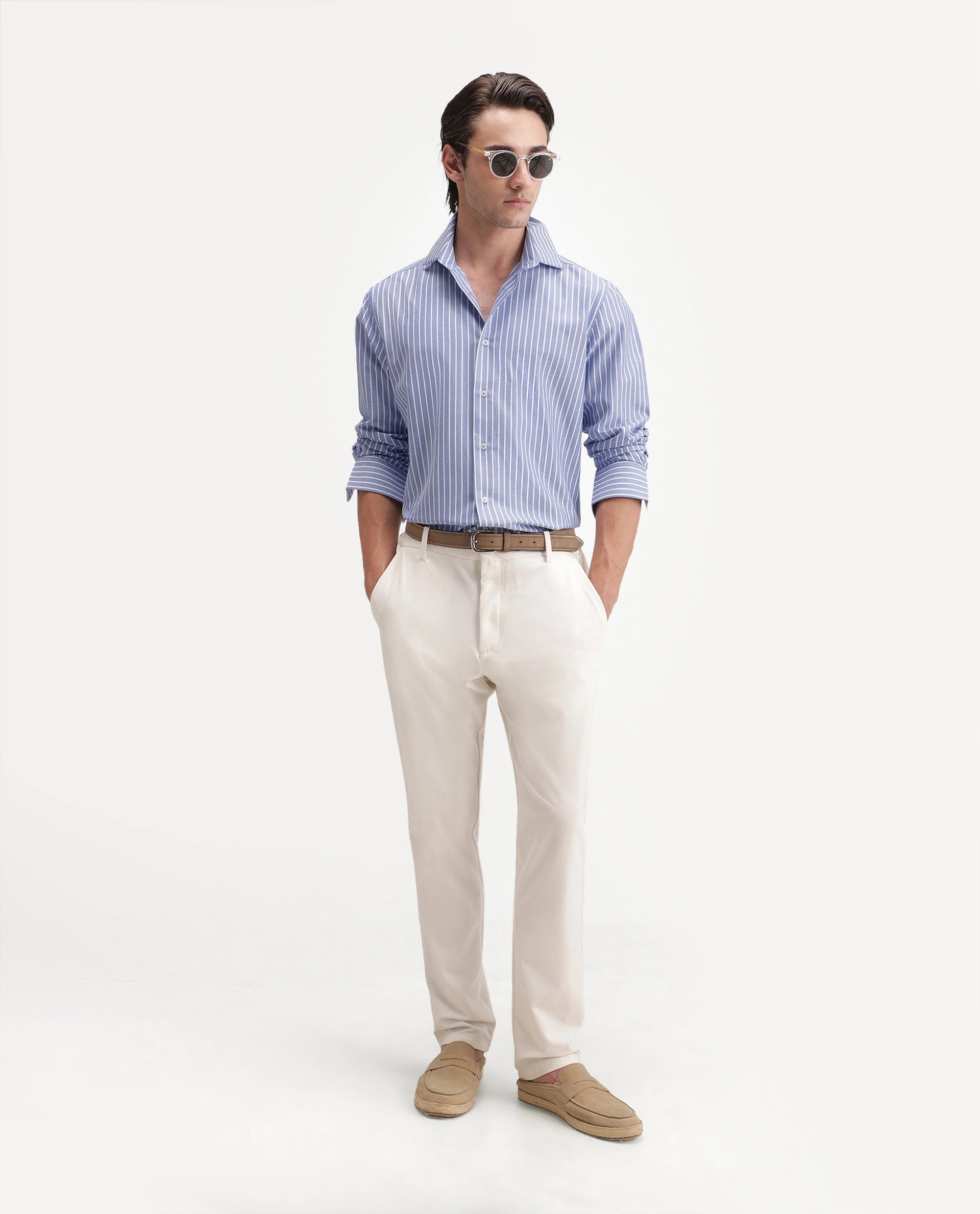 Rare Rabbit Men's Orven Primary Blue Cotton Blend Spread Collar Button Regular Striped Shirt