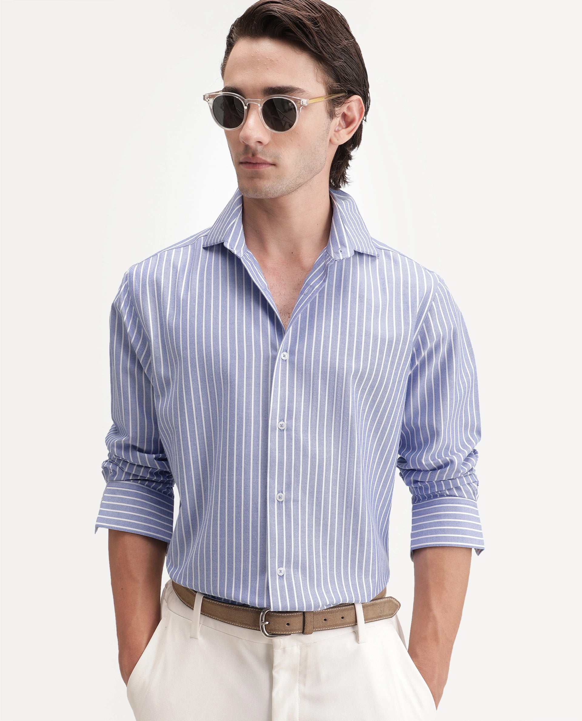 Rare Rabbit Men's Orven Primary Blue Cotton Blend Spread Collar Button Regular Striped Shirt