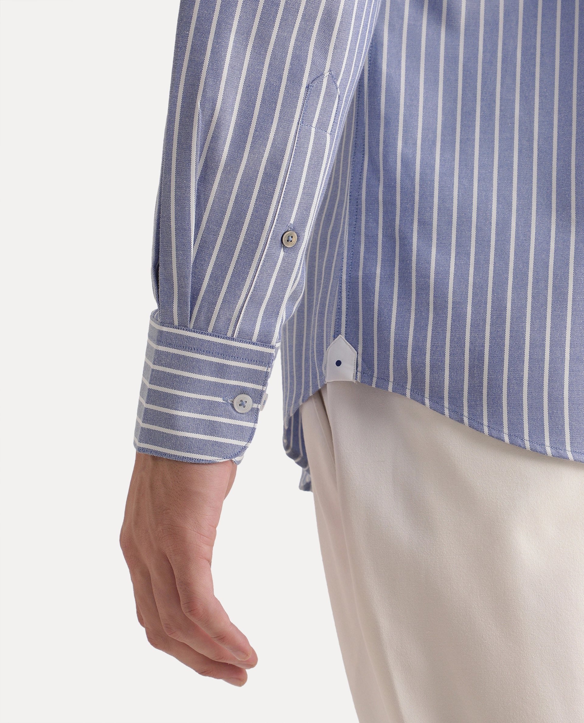 Rare Rabbit Men's Orven Primary Blue Cotton Blend Spread Collar Button Regular Striped Shirt