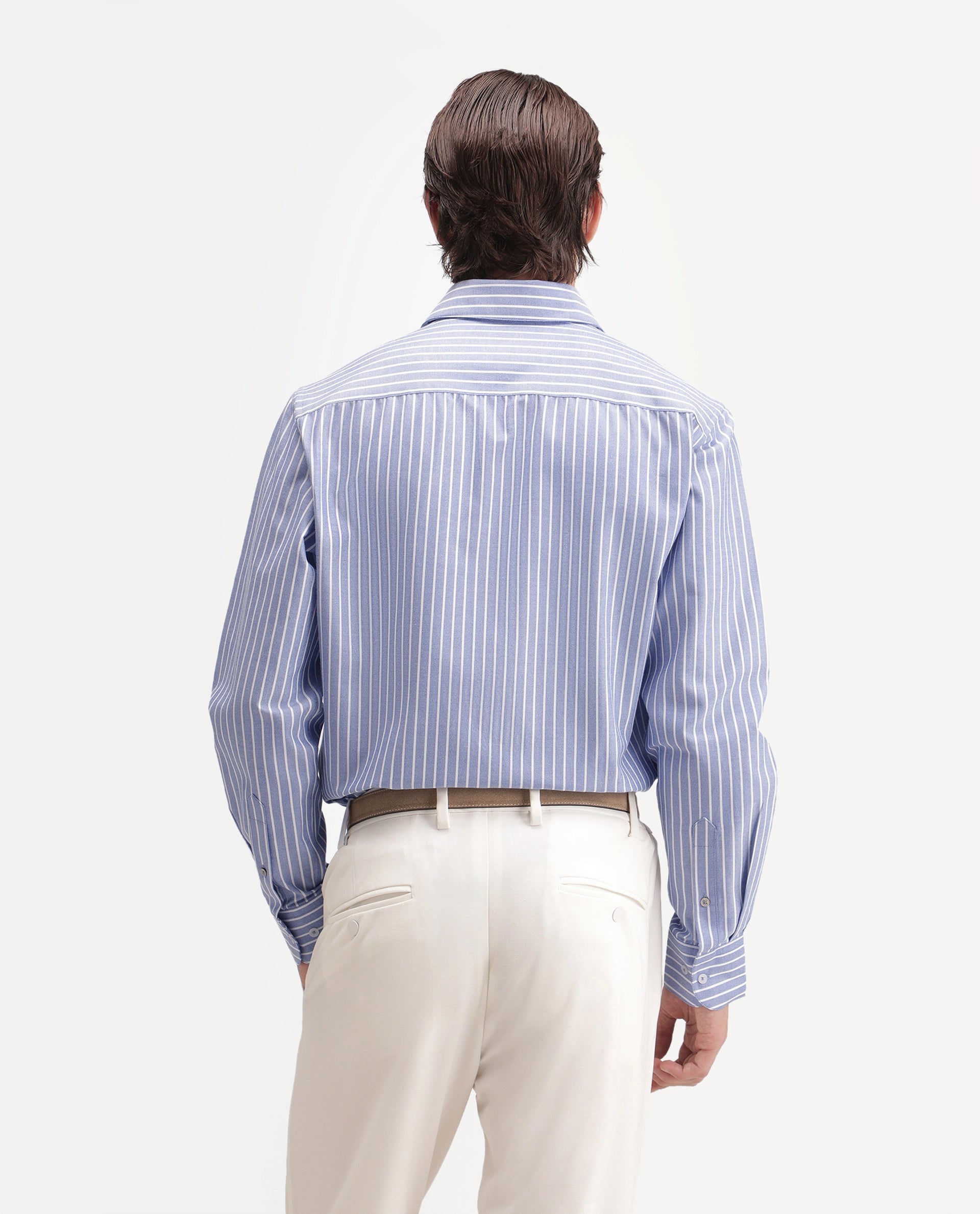 Rare Rabbit Men's Orven Primary Blue Cotton Blend Spread Collar Button Regular Striped Shirt