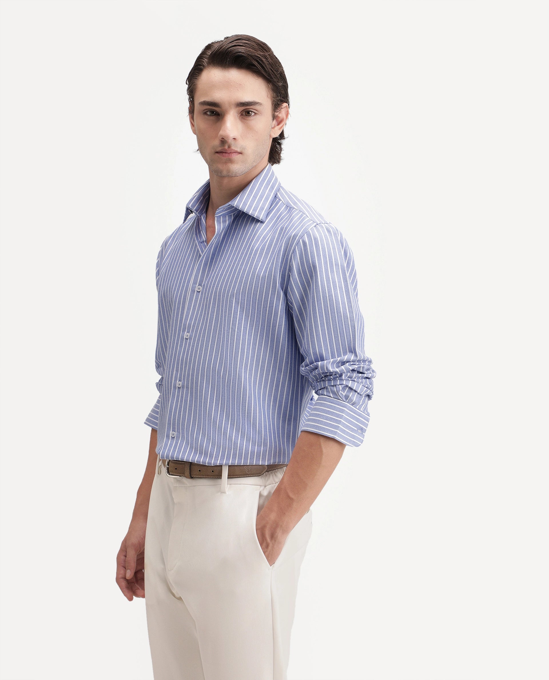 Rare Rabbit Men's Orven Primary Blue Cotton Blend Spread Collar Button Regular Striped Shirt