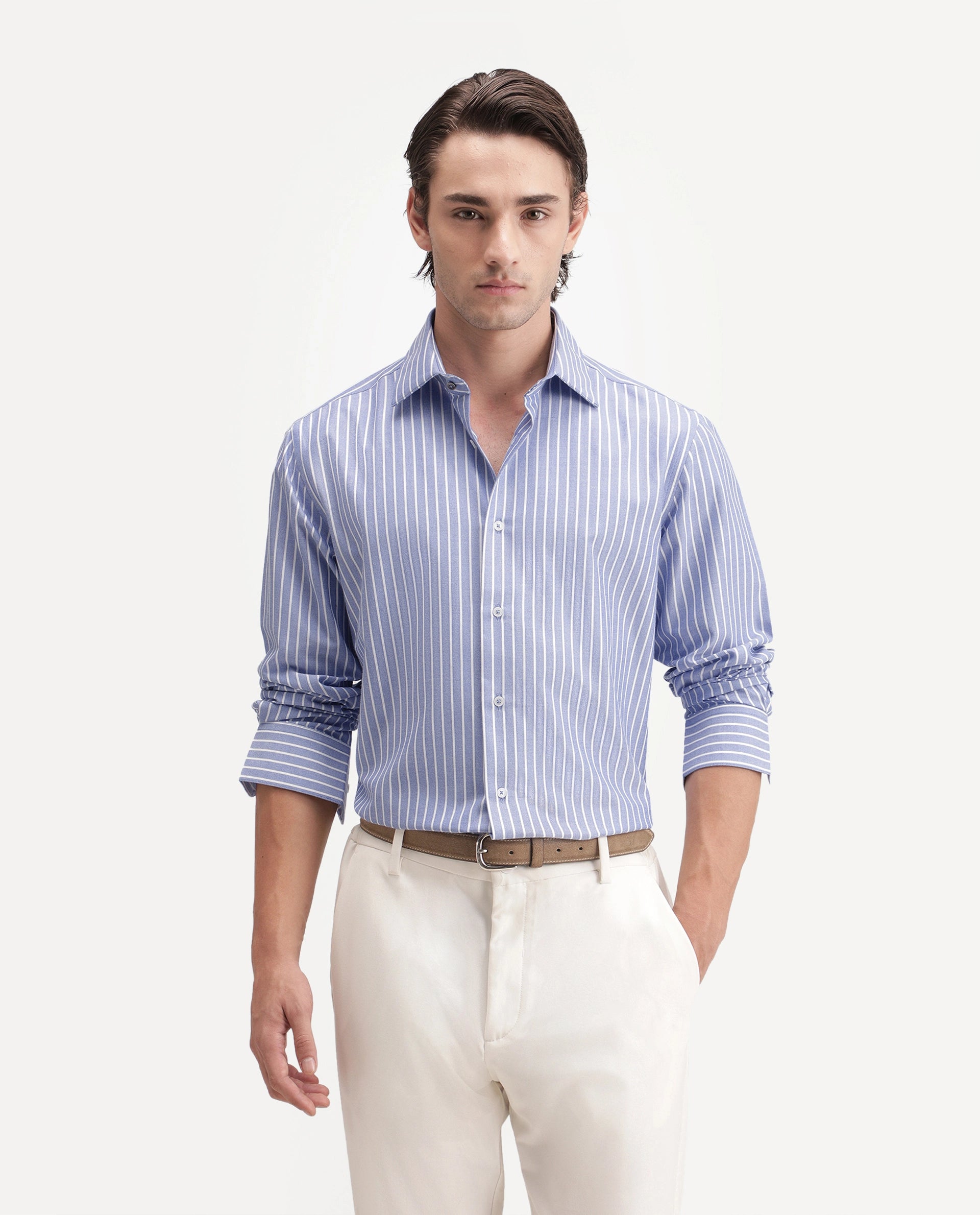 Rare Rabbit Men's Orven Primary Blue Cotton Blend Spread Collar Button Regular Striped Shirt