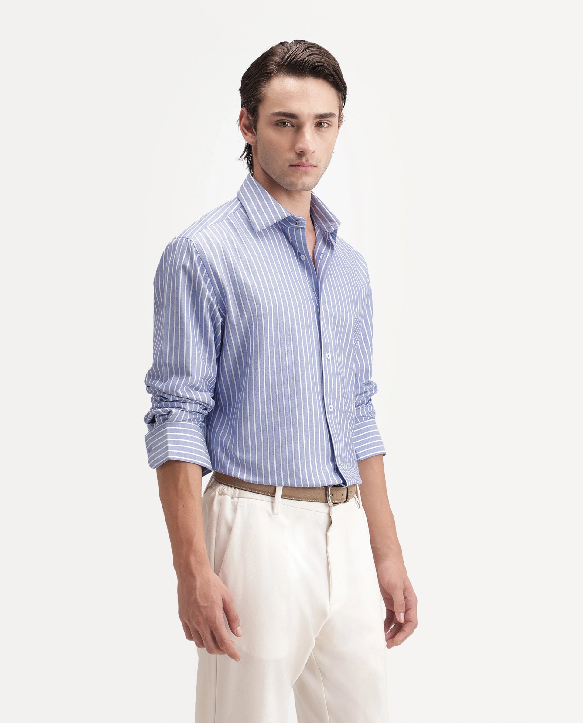 Rare Rabbit Men's Orven Primary Blue Cotton Blend Spread Collar Button Regular Striped Shirt